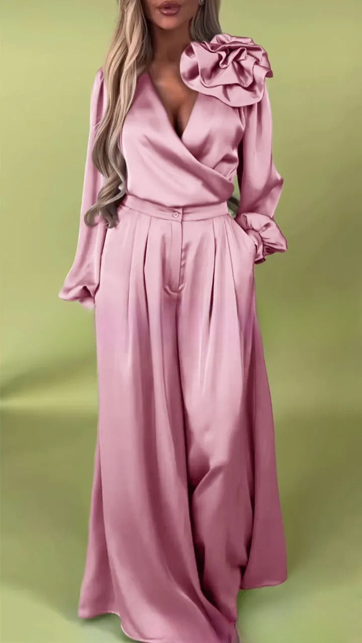 Women's Luxury Elegant V-neck Satin Long Sleeve Top Wide Leg Pants Suit
