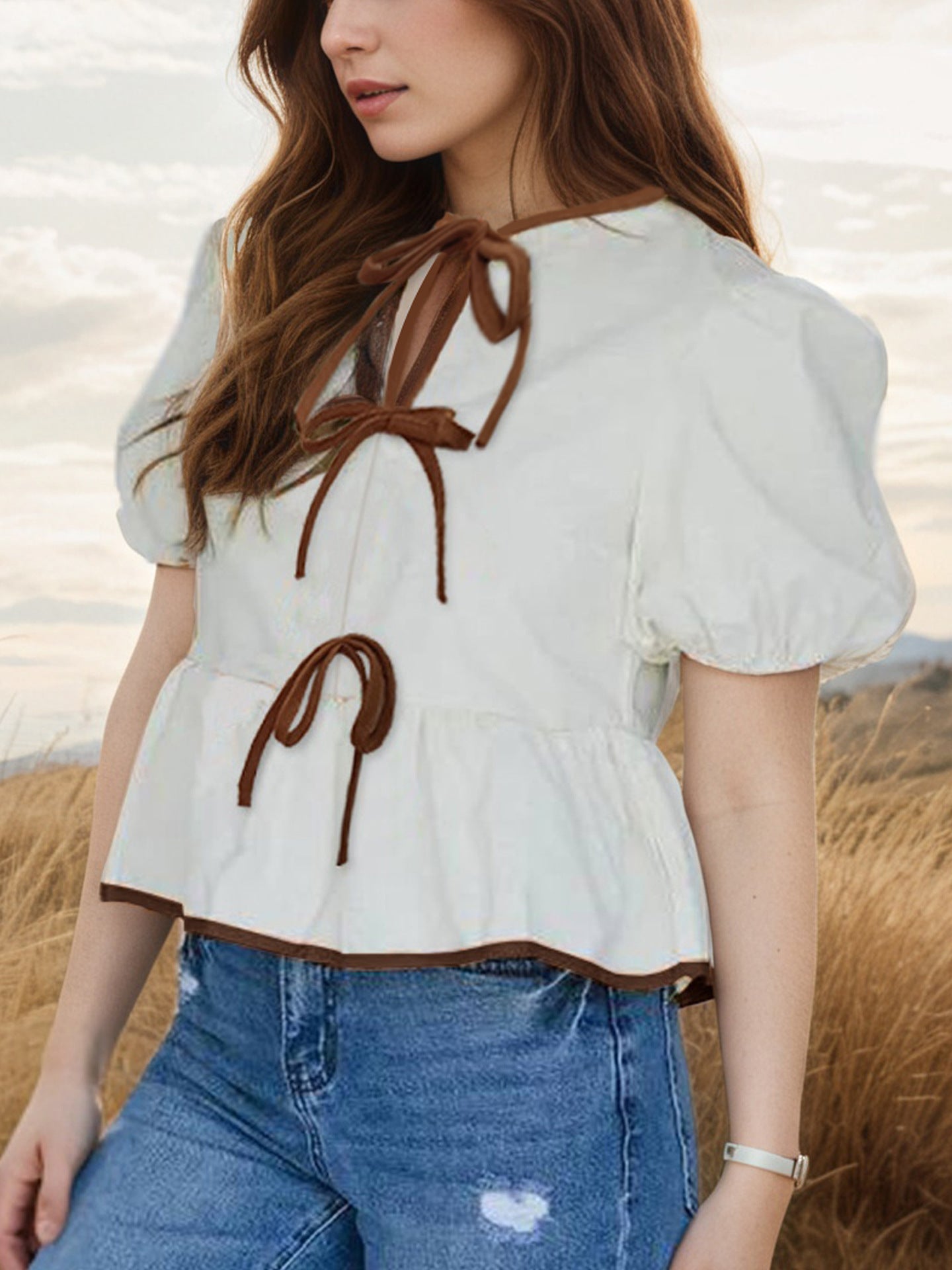 Tie-Front Puff Sleeve Peplum Blouse