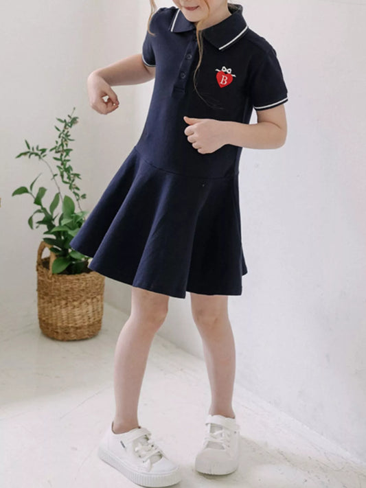 Children's Polo Collar Flared Dress with Heart Embroidery