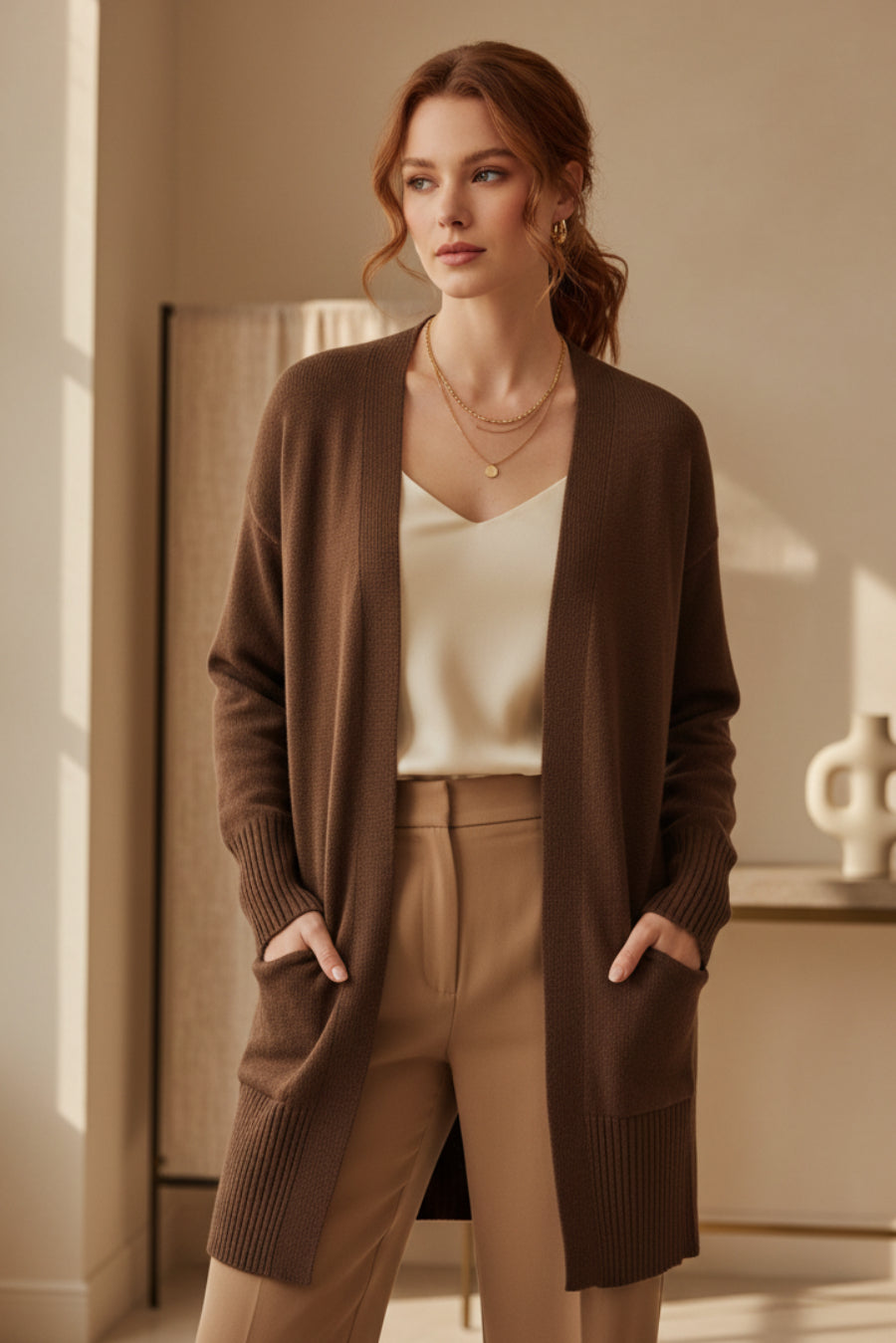 Longline Open-Front Cardigan | Oversized Knit with Patch Pockets