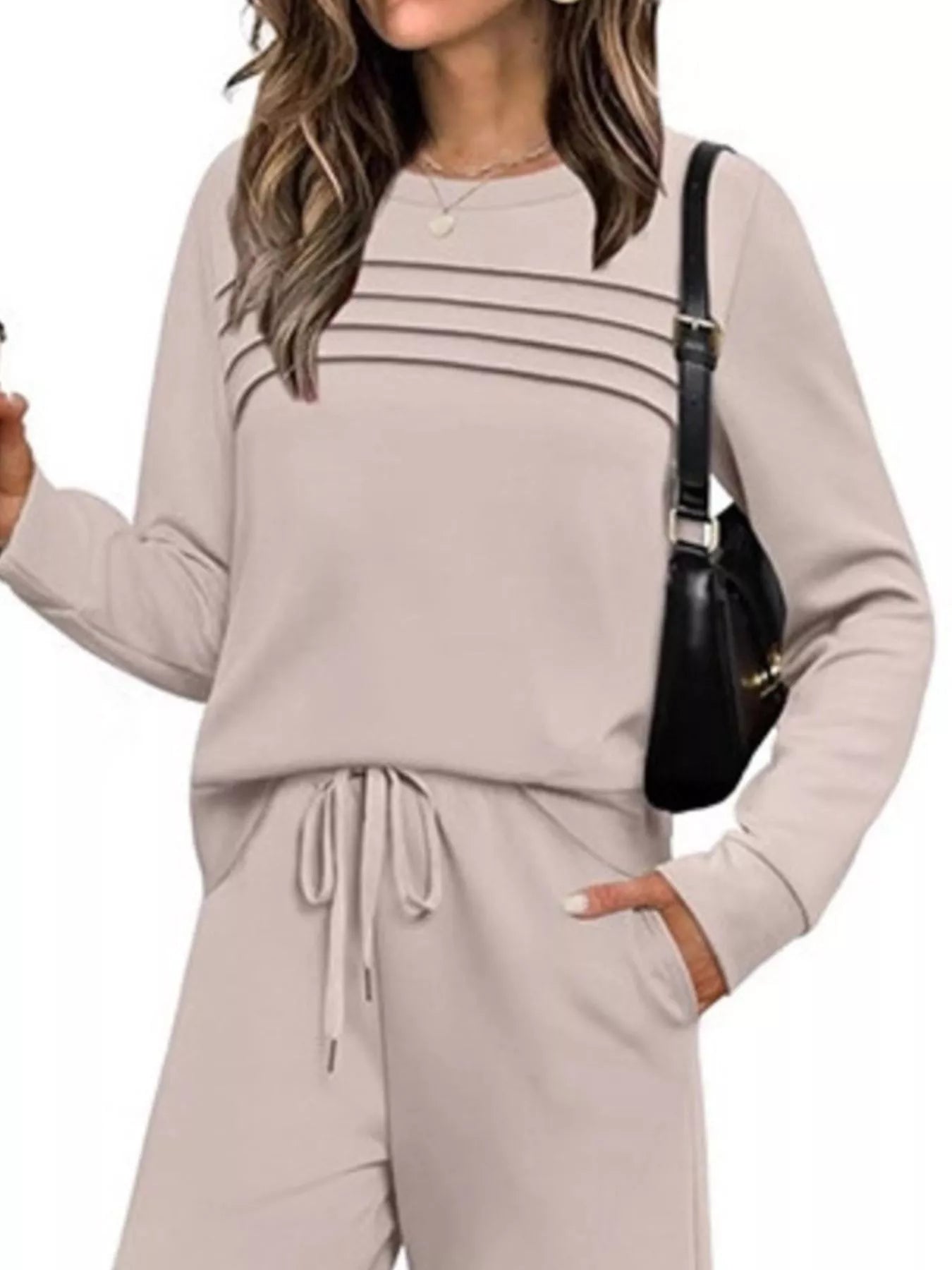 Full Size Casual Long Sleeve Crewneck Top and Drawstring Pants Set Plus Size