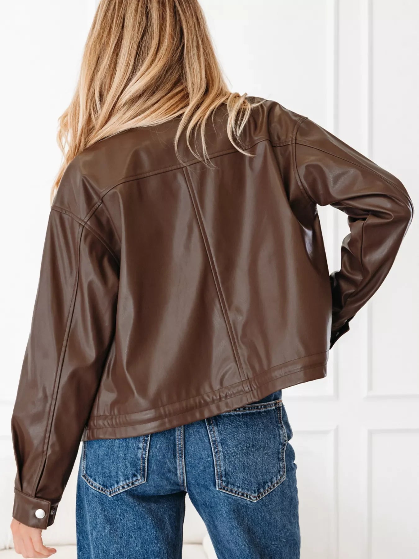 Double Flap Pocket Drawstring Hem Leather Jacket