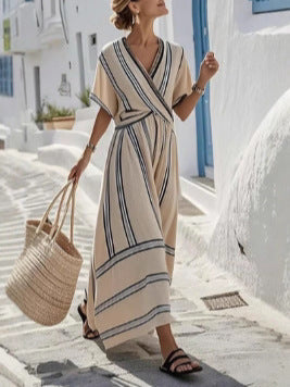 Casual Loose Retro Striped Print Holiday Dress Summer Short Sleeve V Neck Robes Dress Boho Beach Pleated A-Line Long Dress Woman (see size guide under more details)