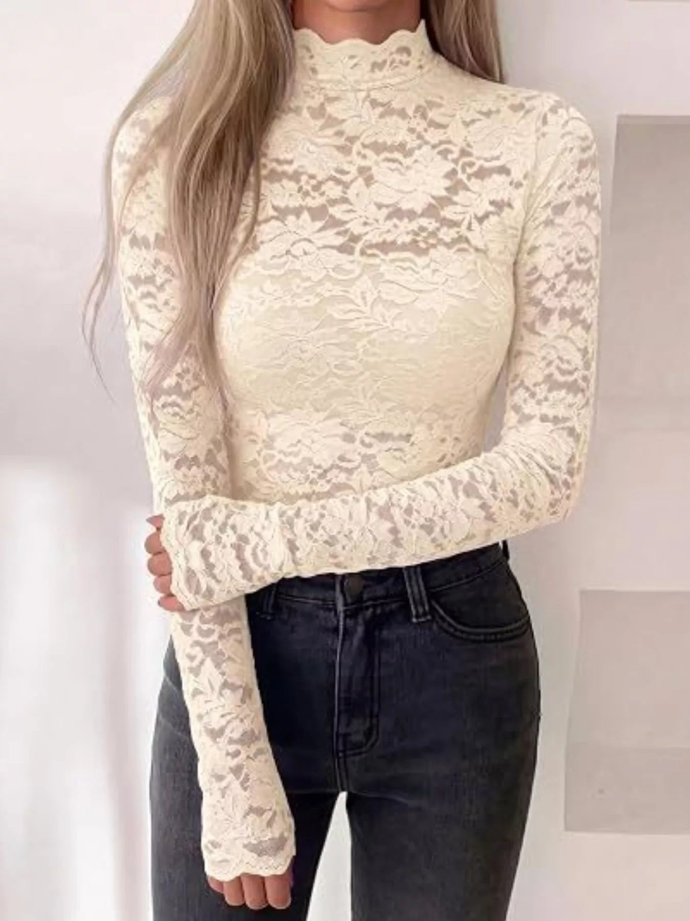Lace Mock Neck Long Sleeve Top