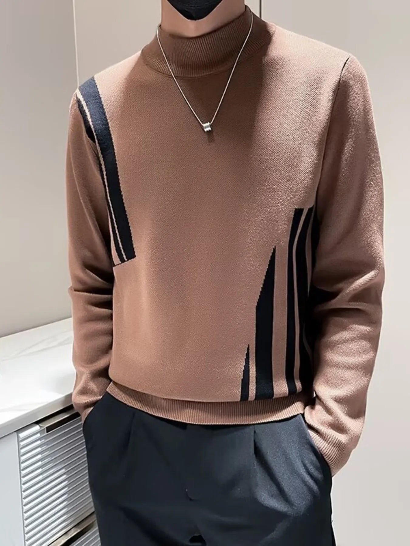 Men's Plus Size Striped Pattern Turtleneck Pullover