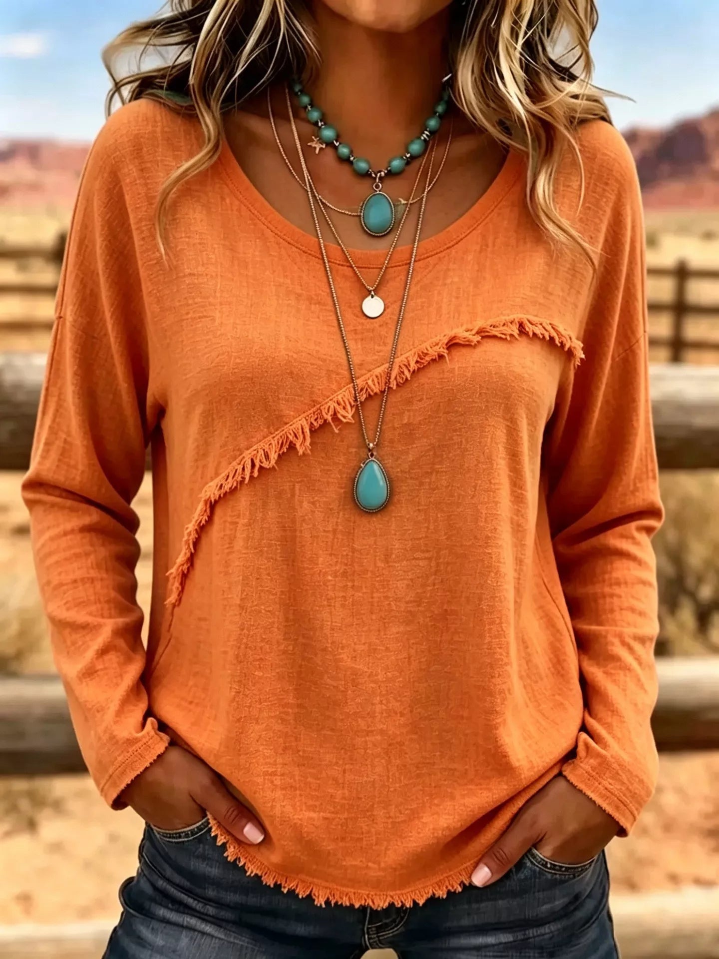 Full Size Fringe Detail Long Sleeve T-Shirt Plus Size