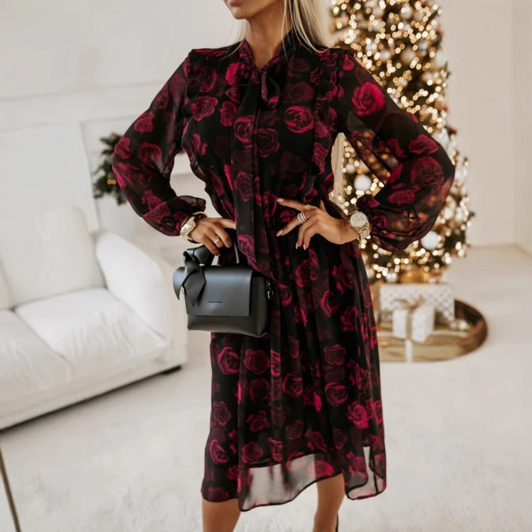 Long Sleeve Bowknot Waist-tight Dress Women