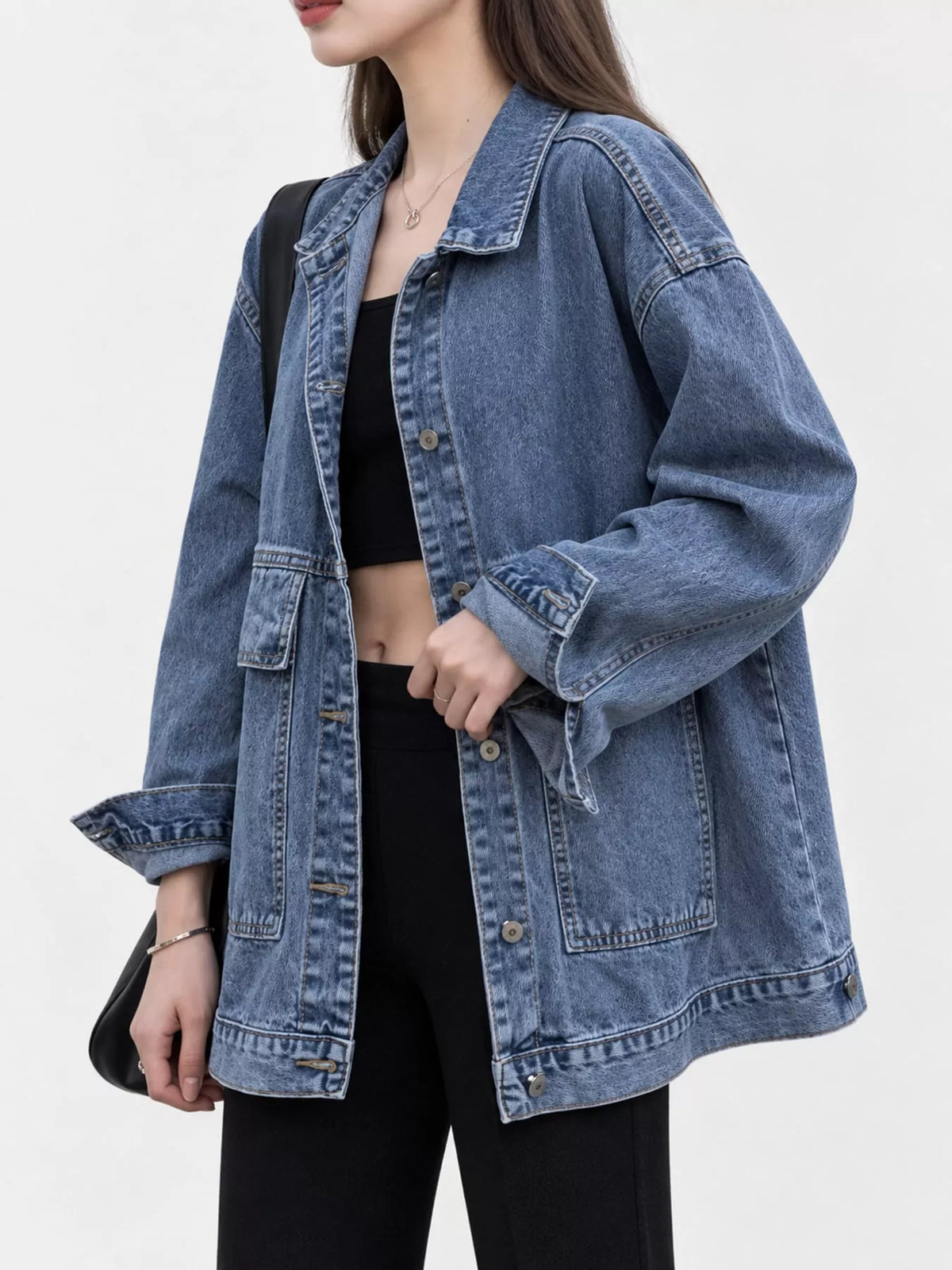 Oversized Wash Denim Jacket with Utility Pockets