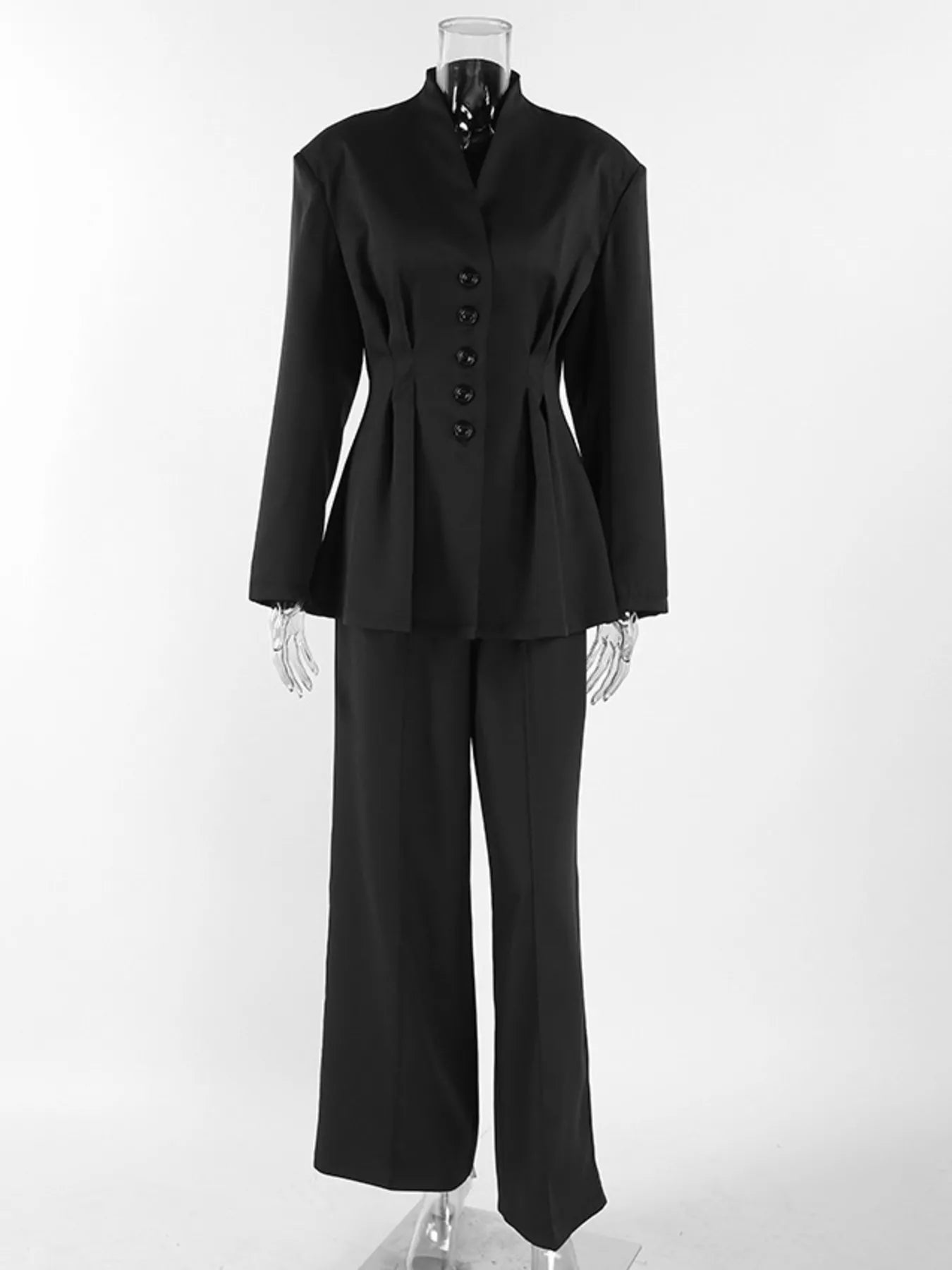 Chic Button Down Pleated Blazer and Wide-Leg Pants Suit Set
