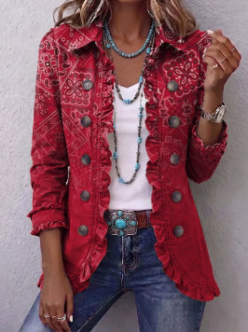 Floral Embroidered Ruffle Trim Double-Breasted Boho Jacket