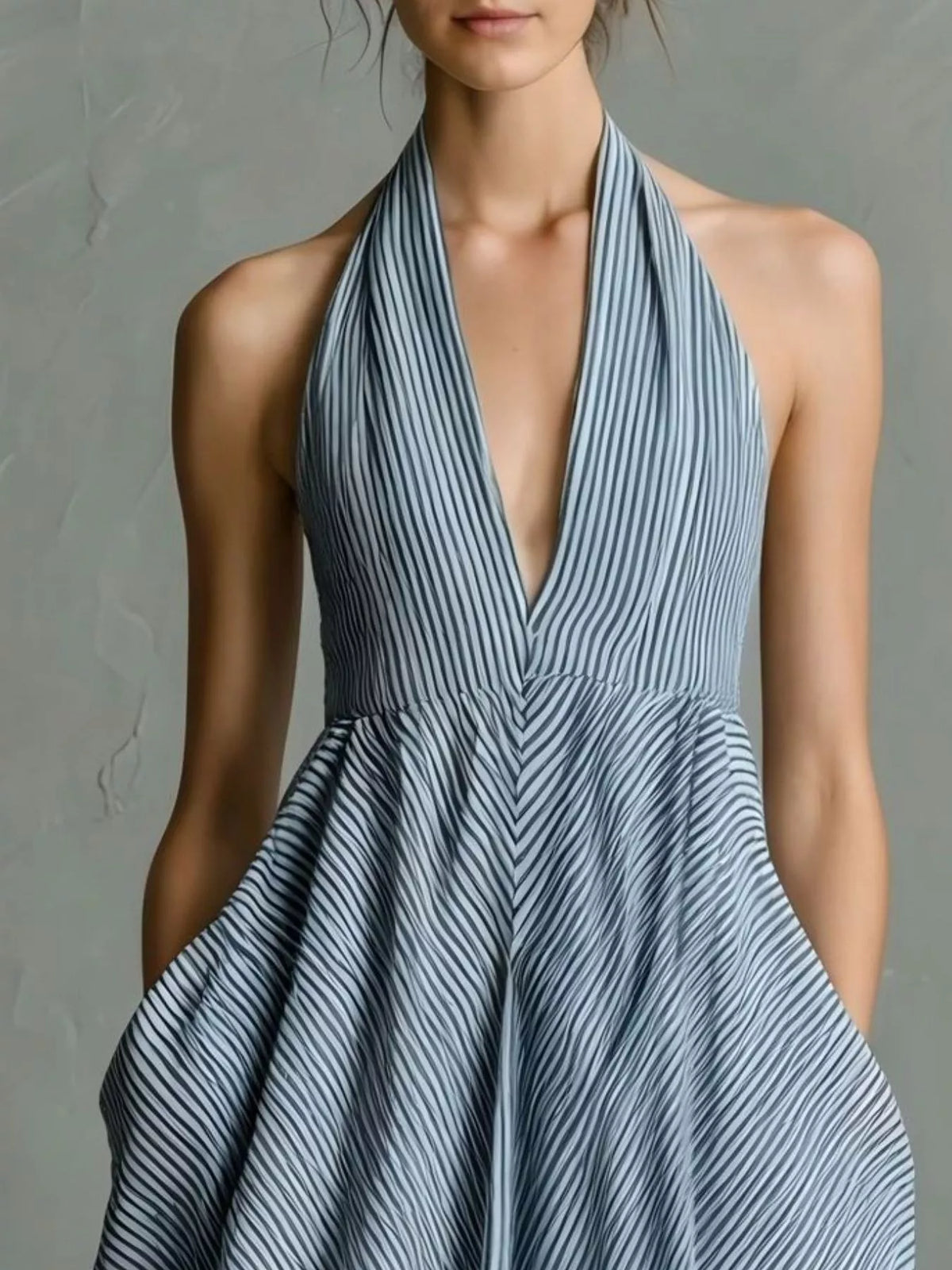 Full Size Striped Halter Neck Maxi Dress with Pockets Plus Size