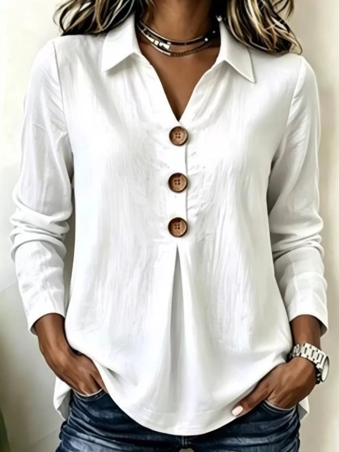 Button Detail Long Sleeve Blouse