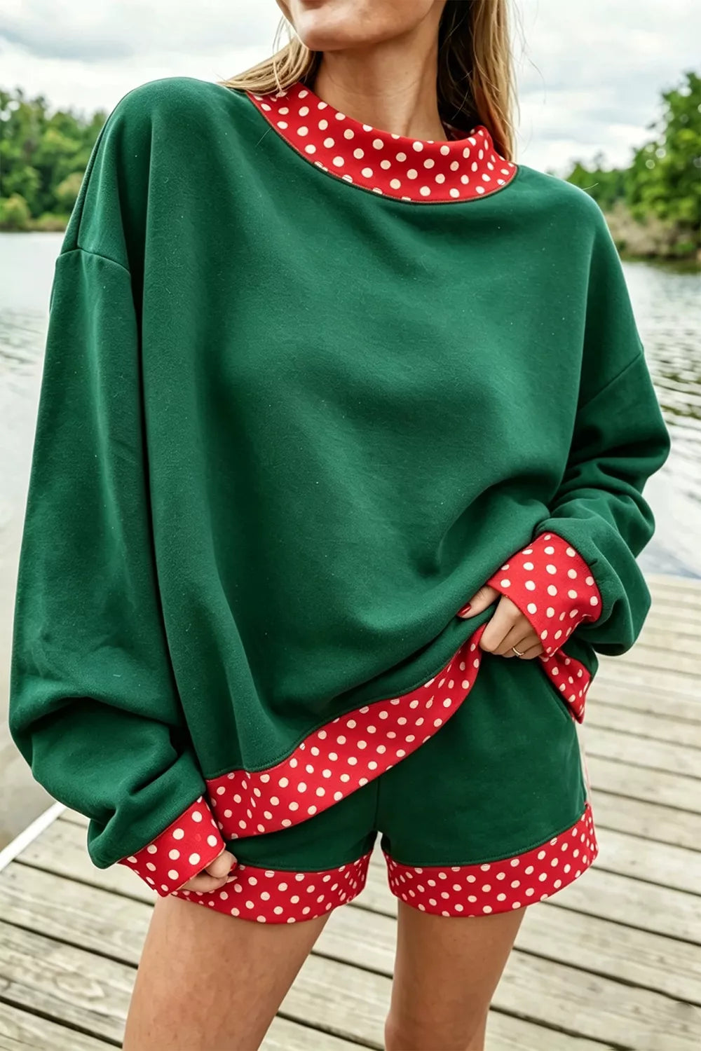 Polka Dot Trim Sweatshirt and Shorts Set