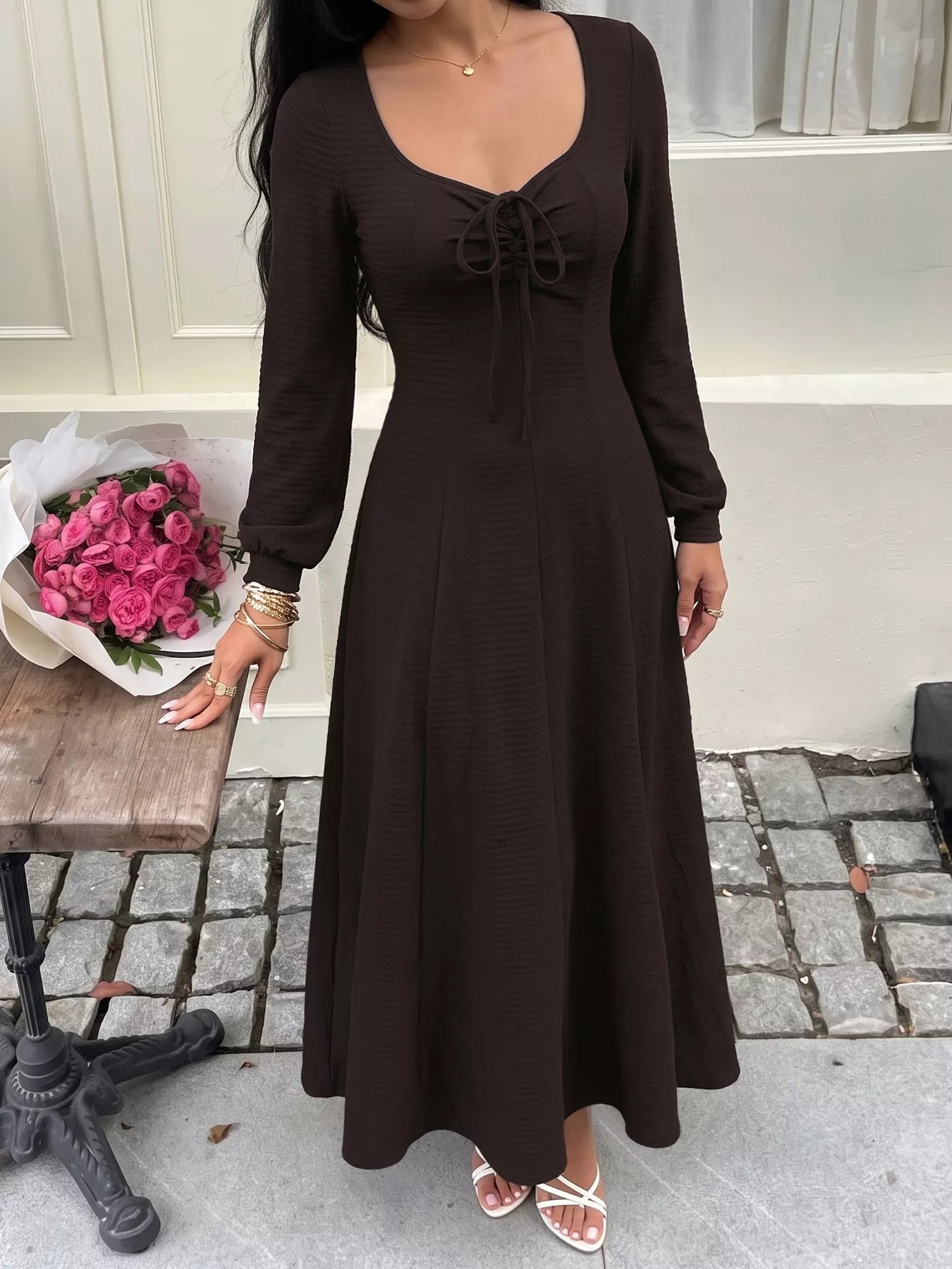 Long Sleeve Tie-Front Maxi Dress
