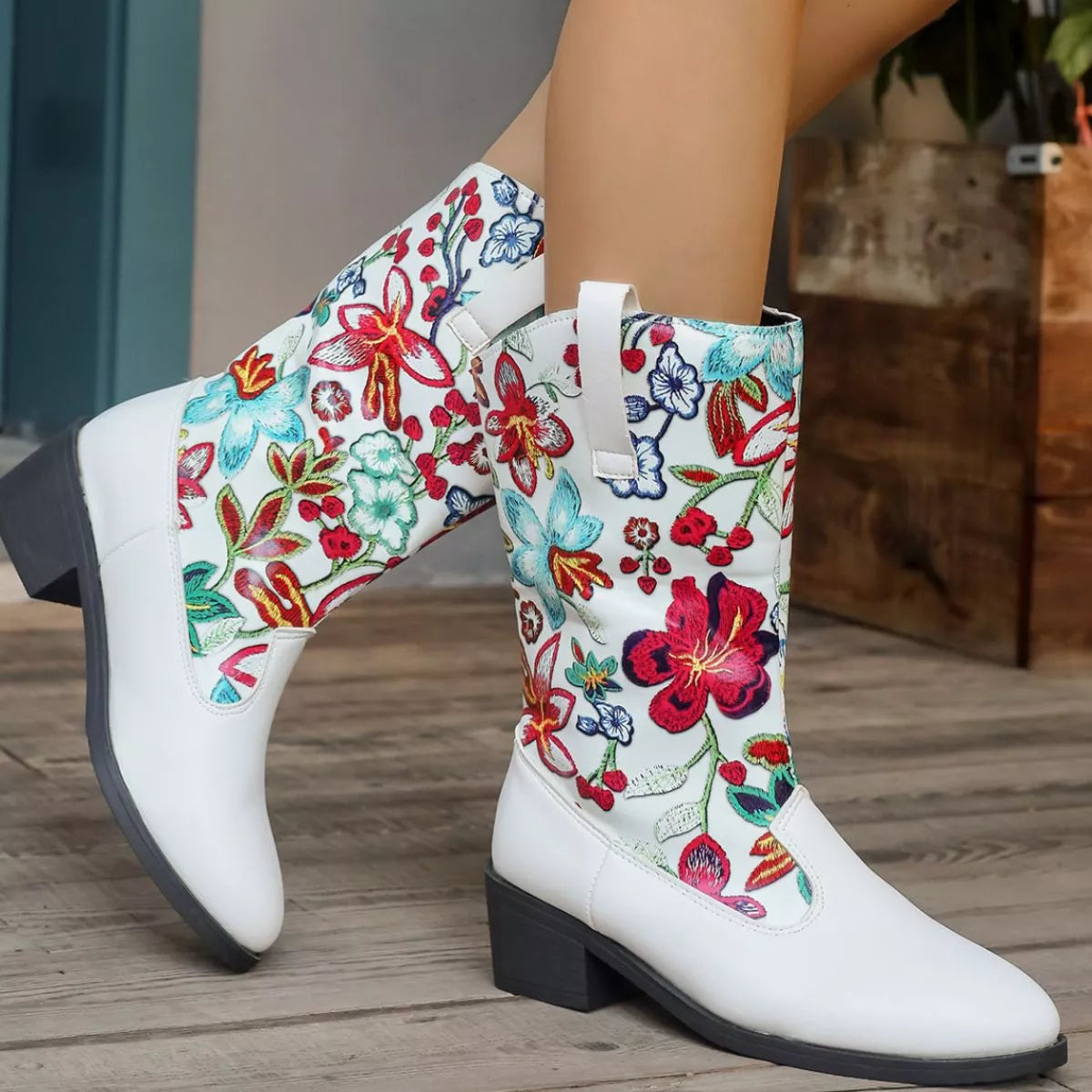Floral Block Heel Boots