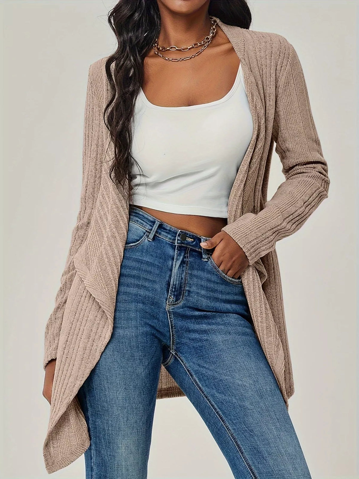 Ribbed Knit Open Front Cardigan