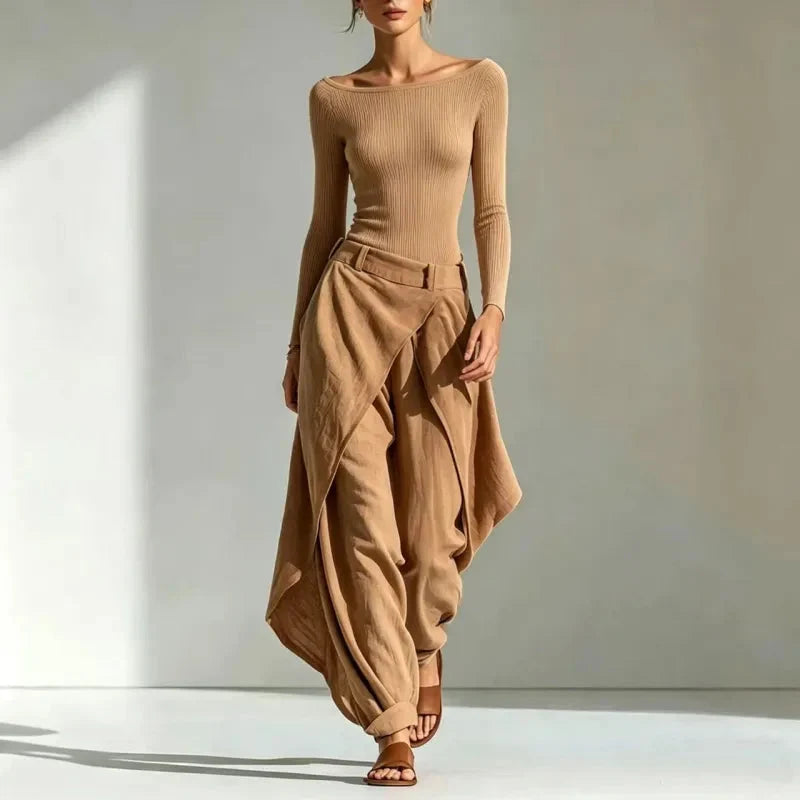 Women's Off-Shoulder Slim Top & Draped Wide Leg Pants Two-Piece Set