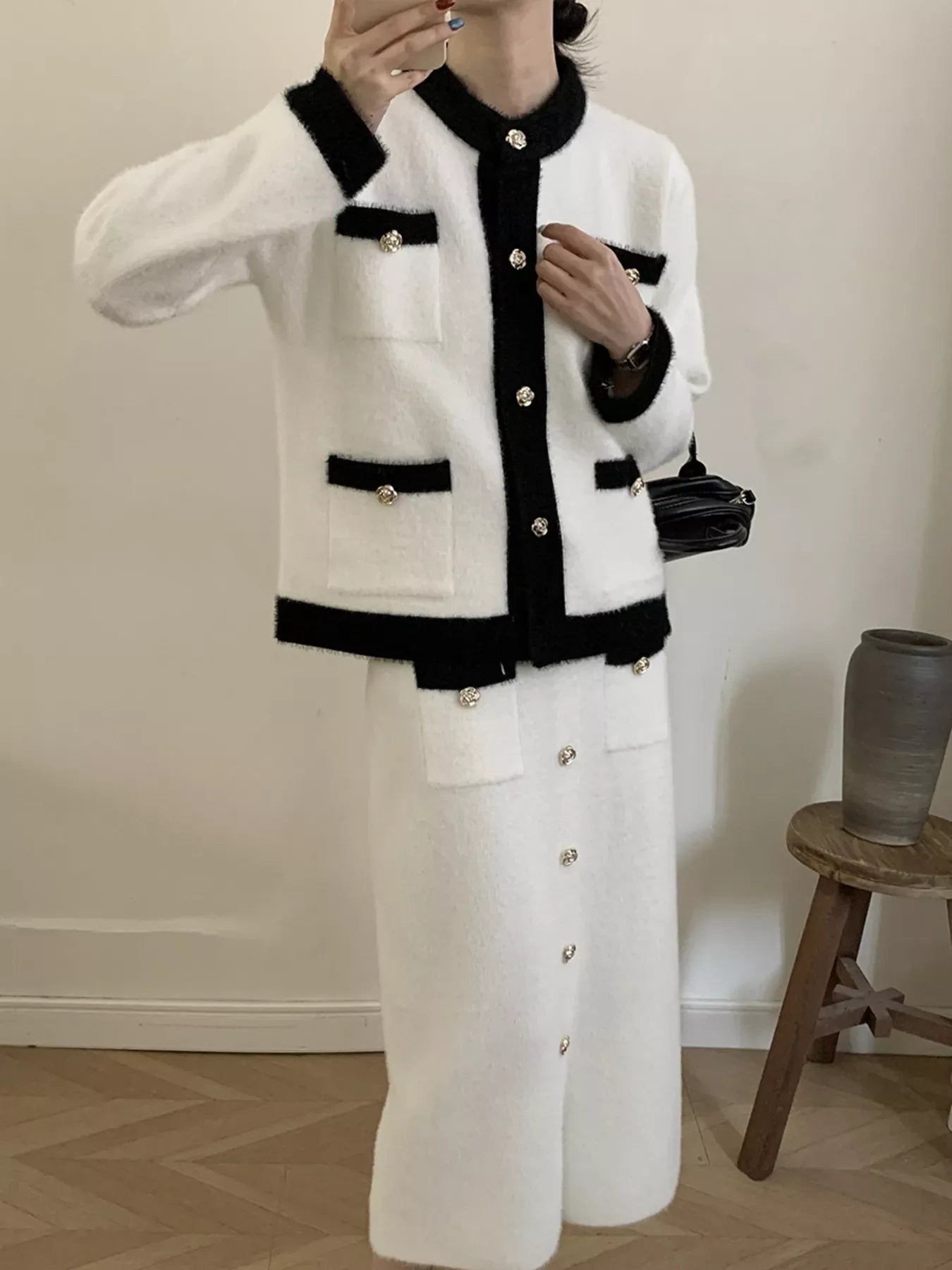 Contrast Trim Jacket and Skirts Sweater Set