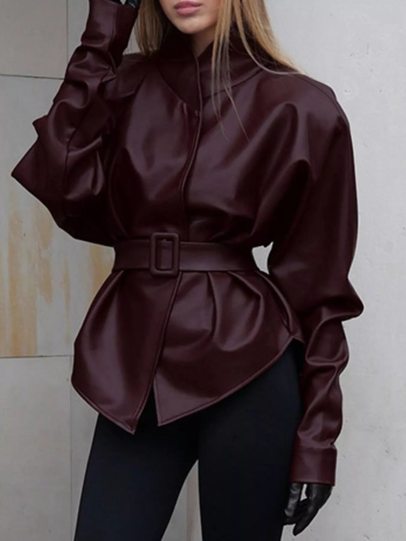 Stand Collar Belted Faux Leather Jacket