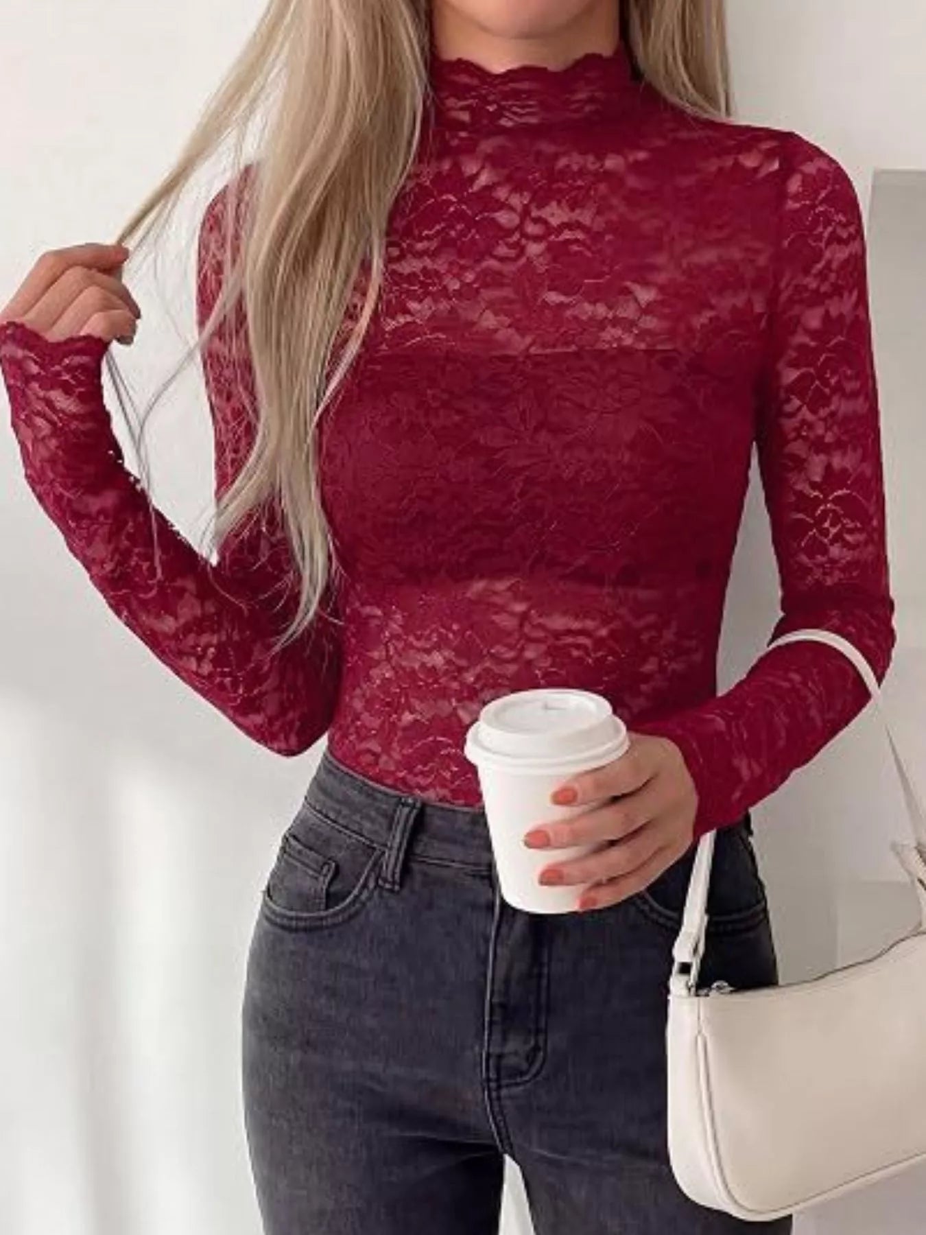 Lace Mock Neck Long Sleeve Top