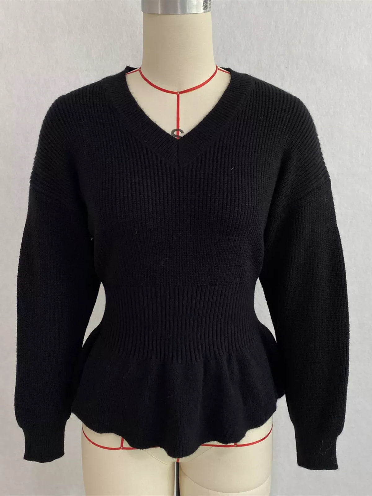 V-Neck Peplum Hem Ribbed Knit Top