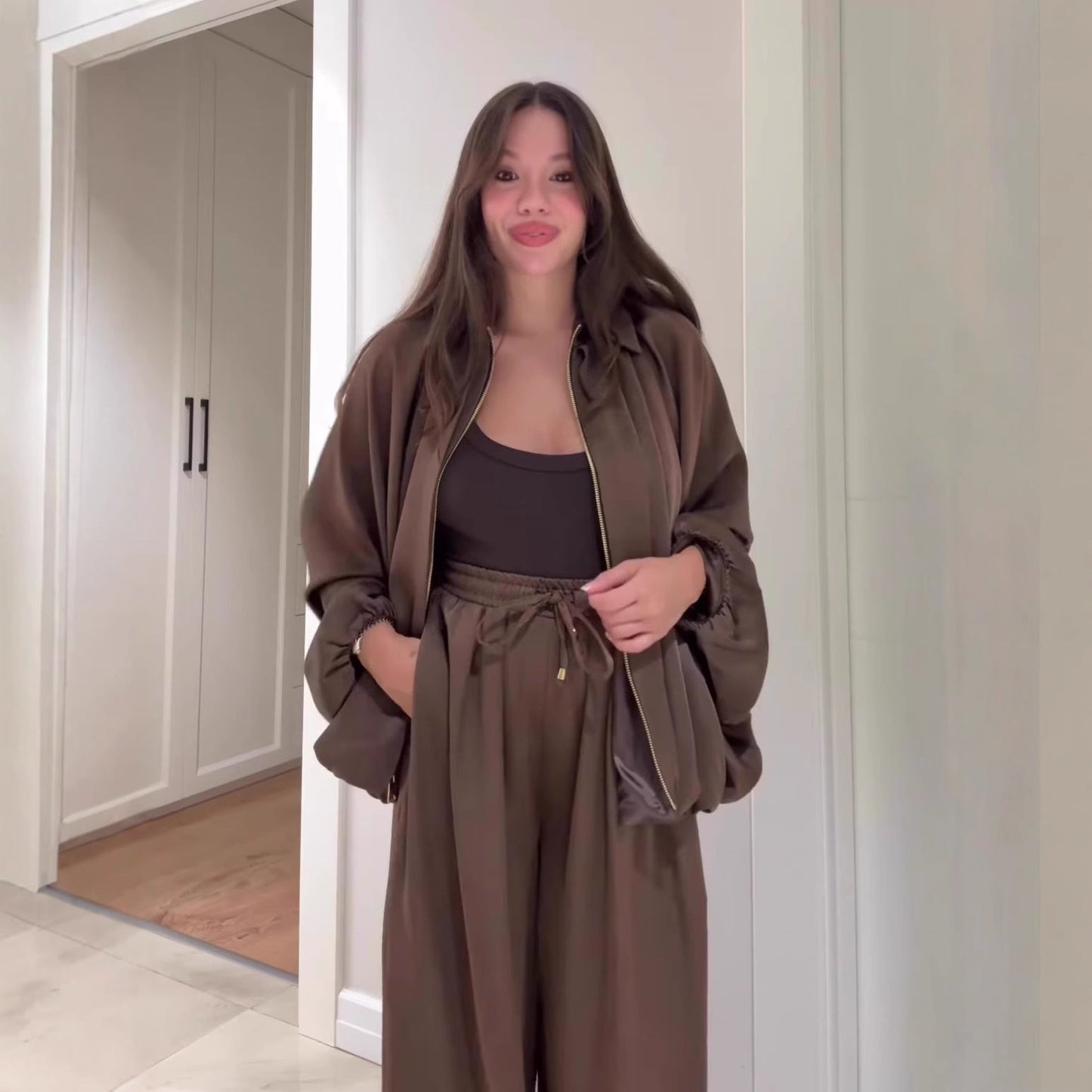 Flip Collar Long Sleeve Jacket & Pants Two-Piece Set