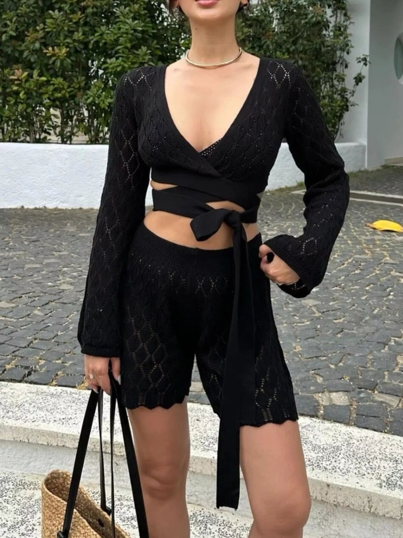 Openwork Long Sleeve Top and Shorts Set