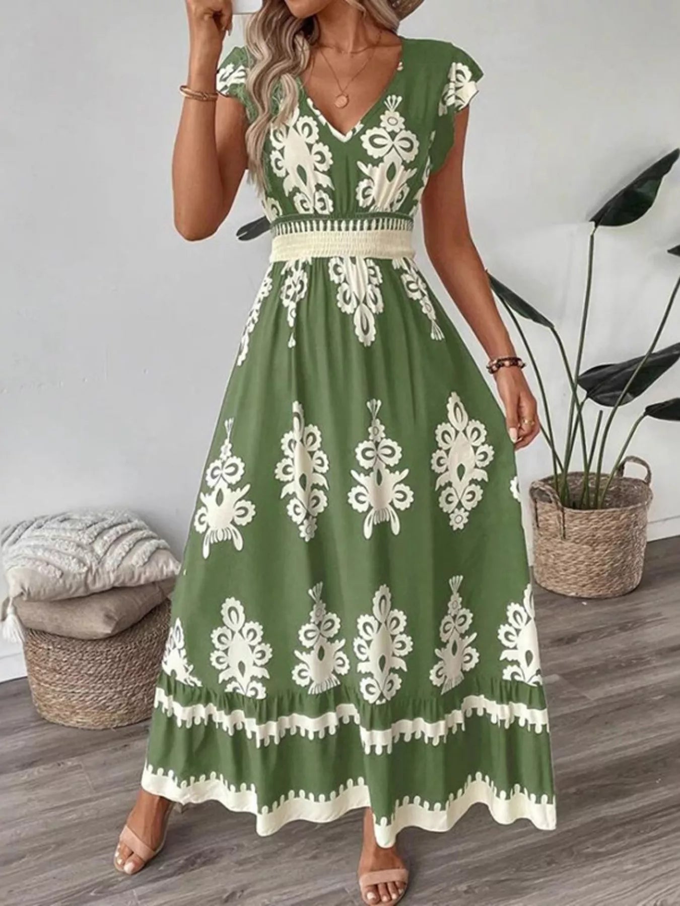 Ruffled Printed V-Neck Maxi Dress