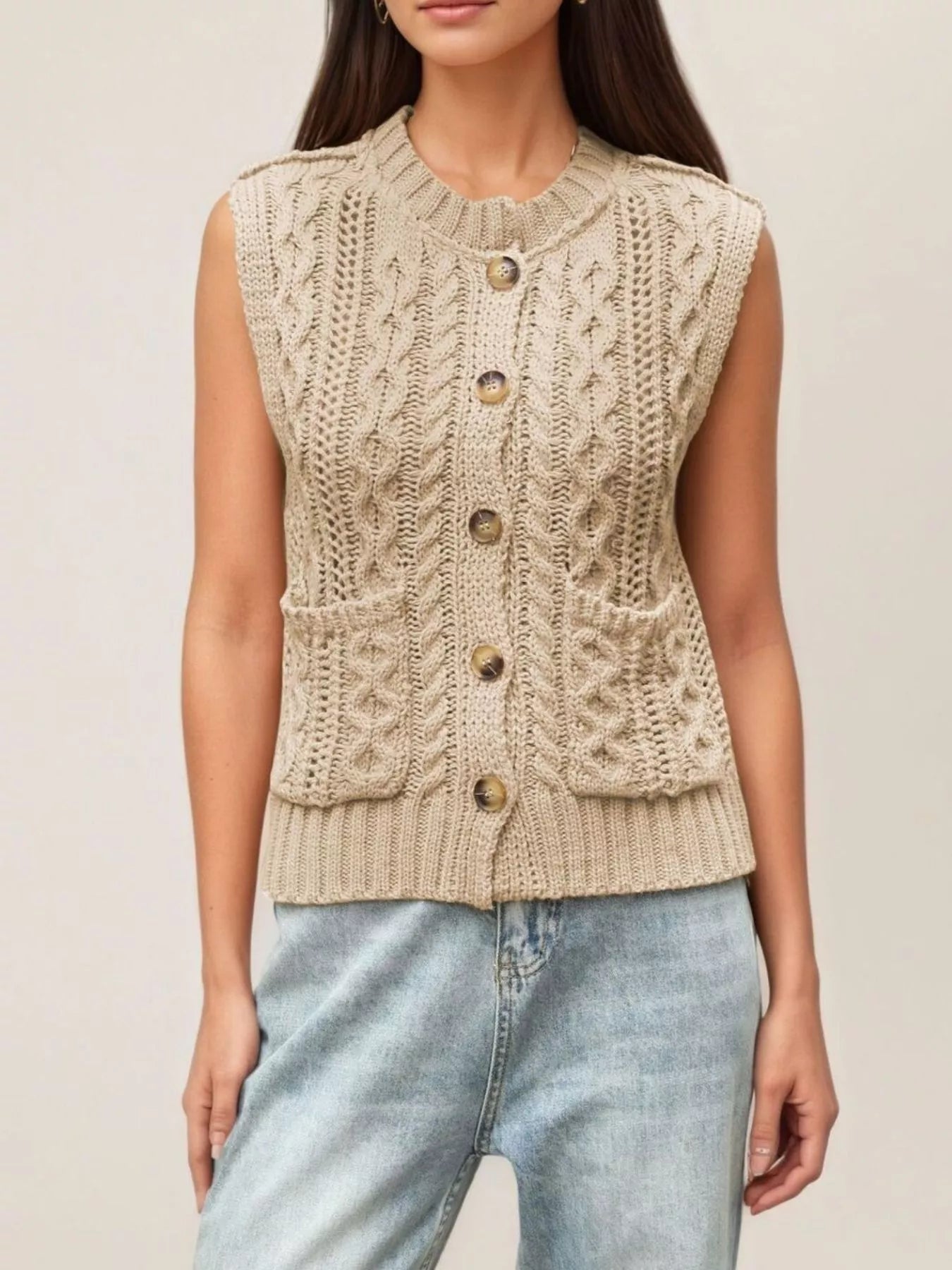 Cable-Knit Button-Down Sweater Vest