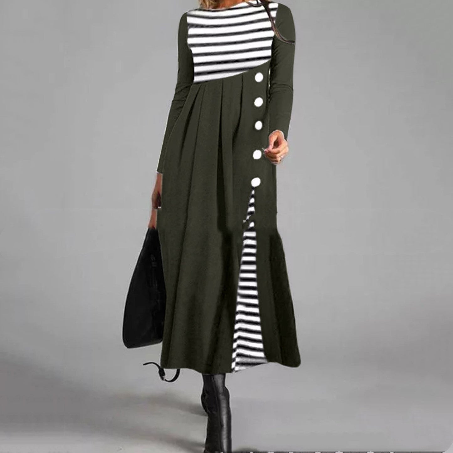 Fashion Retro Large Size Slim Hepburn Striped Dress