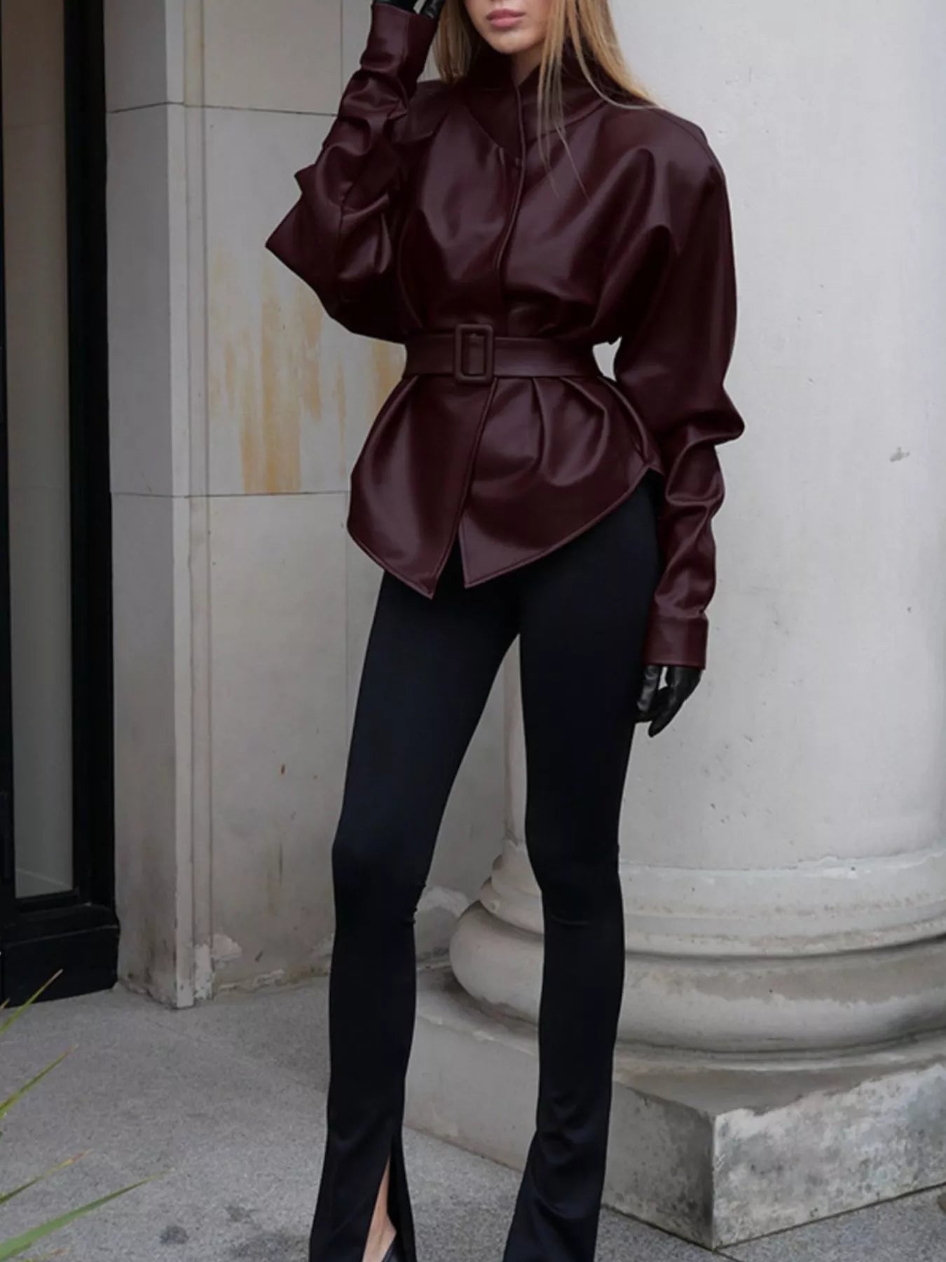 Stand Collar Belted Faux Leather Jacket