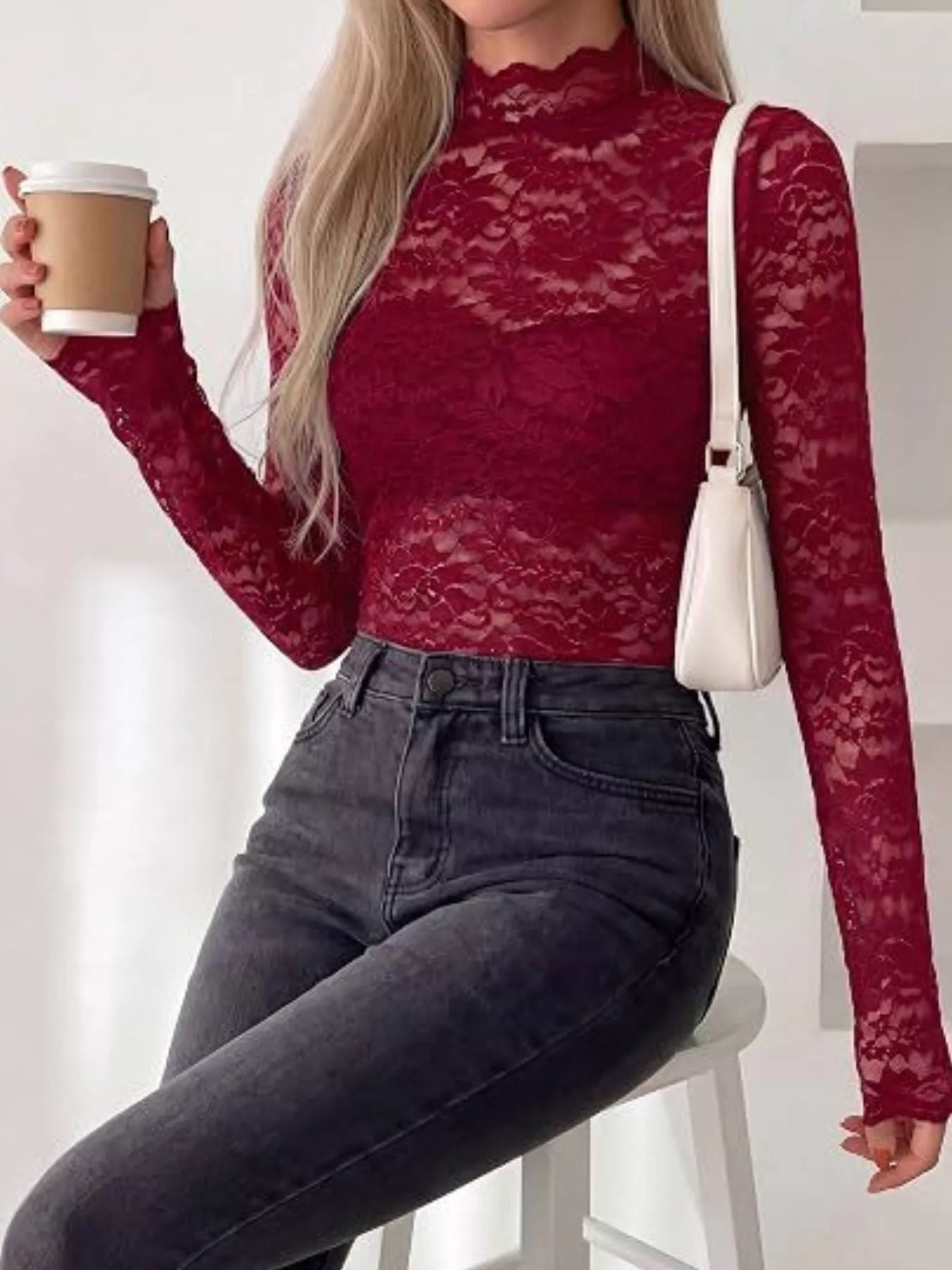 Lace Mock Neck Long Sleeve Top