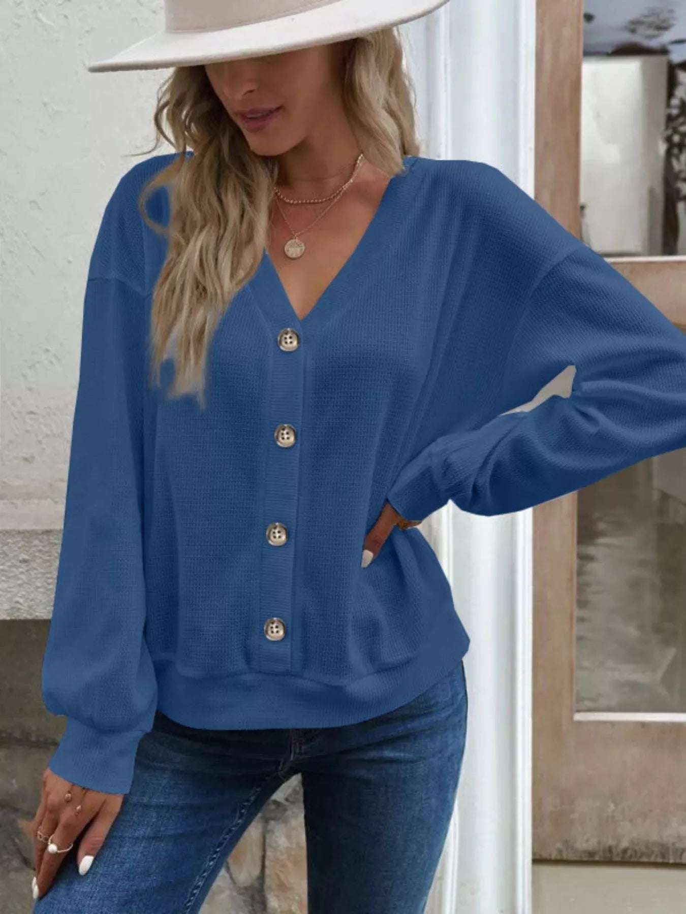 Casual V-Neck Waffle Long Sleeve Top