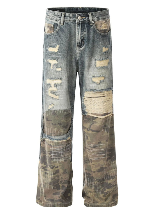 Men's Distressed Camouflage Patchwork Jeans