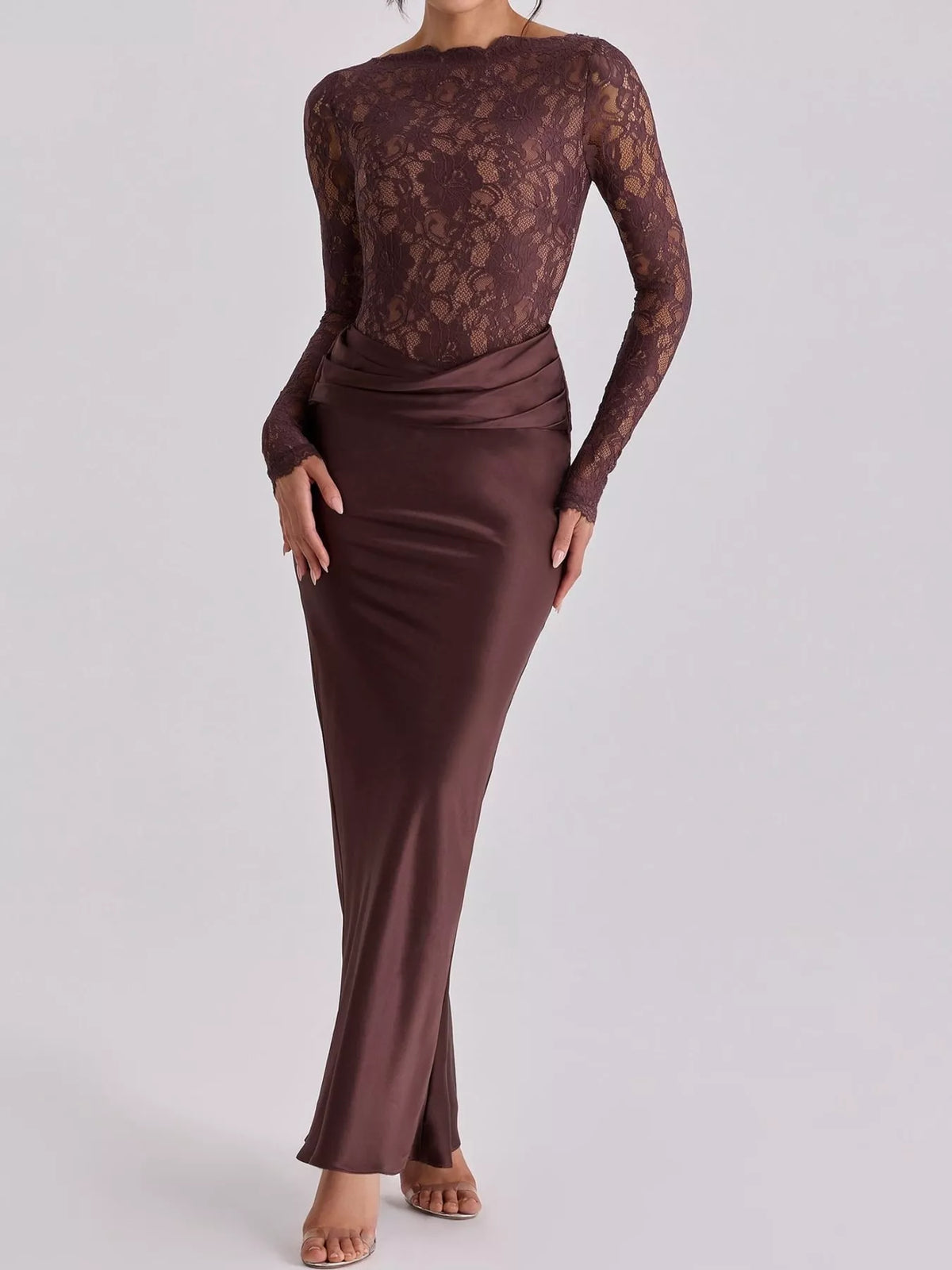Long-Sleeve Lace and Satin Patchwork Maxi Dress
