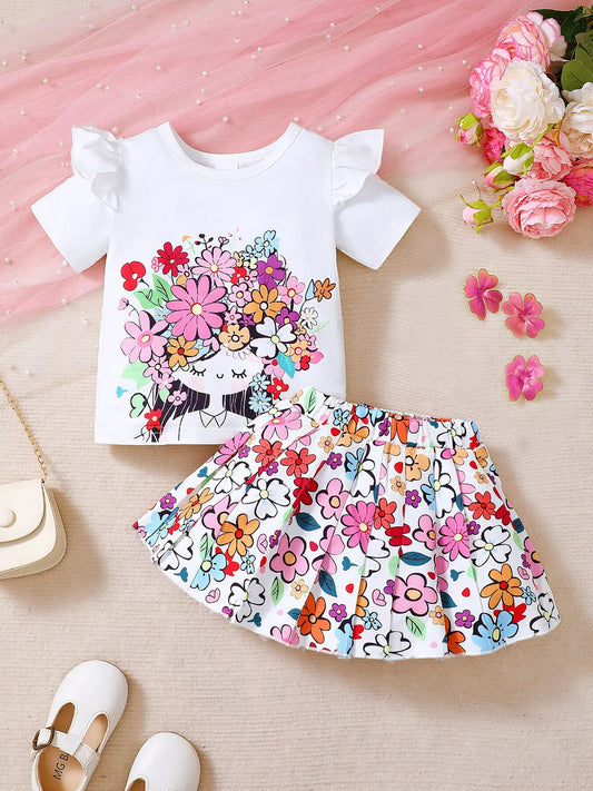 Children's Floral Graphic Ruffle Sleeve Top & Skirt Set