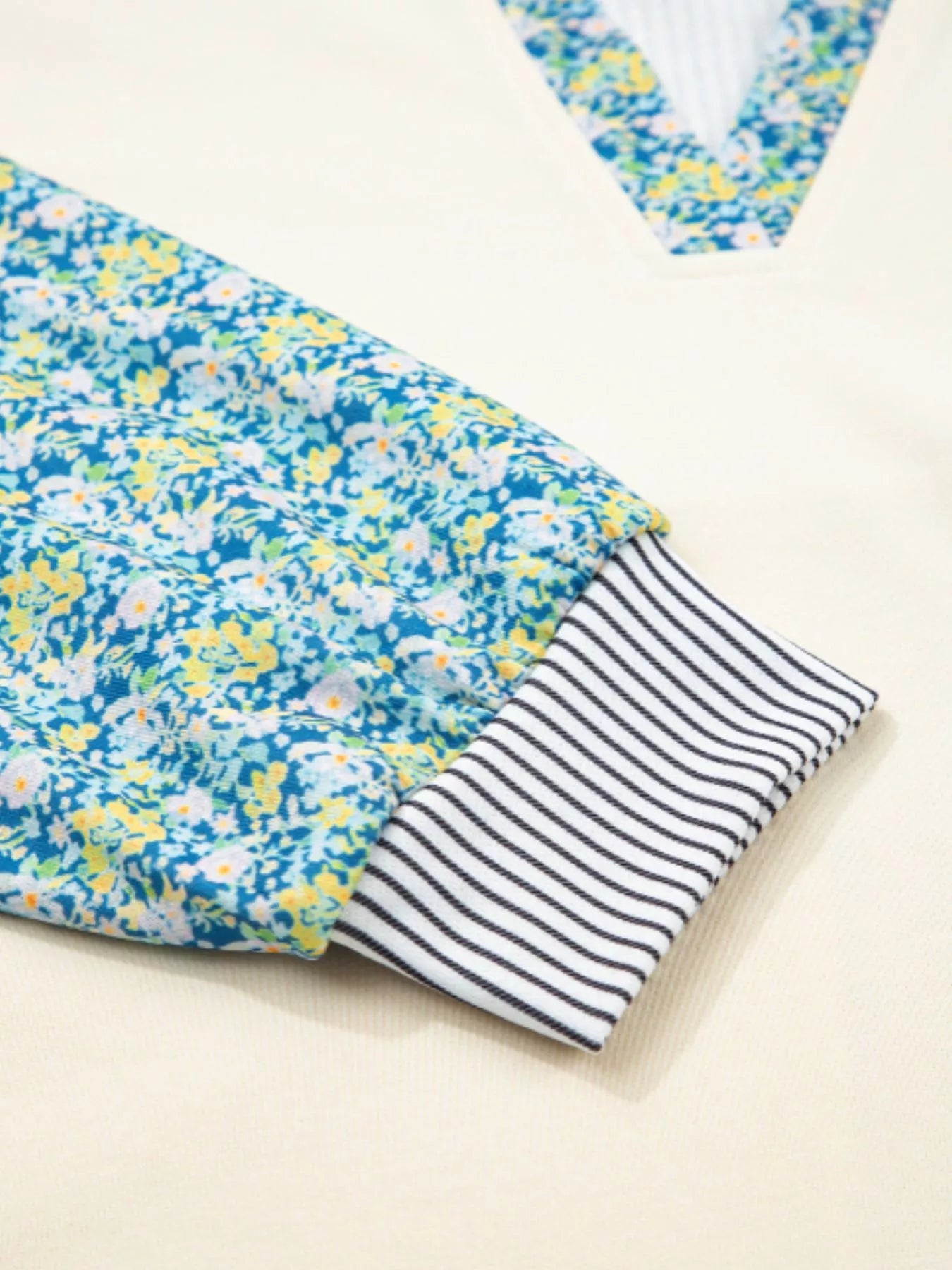 Floral Striped Drop Sleeve Collared Boxy Fit Sweatshirt