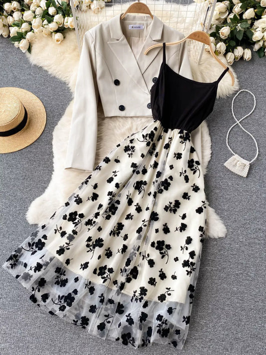 Floral Mesh Dress & Blazer Set