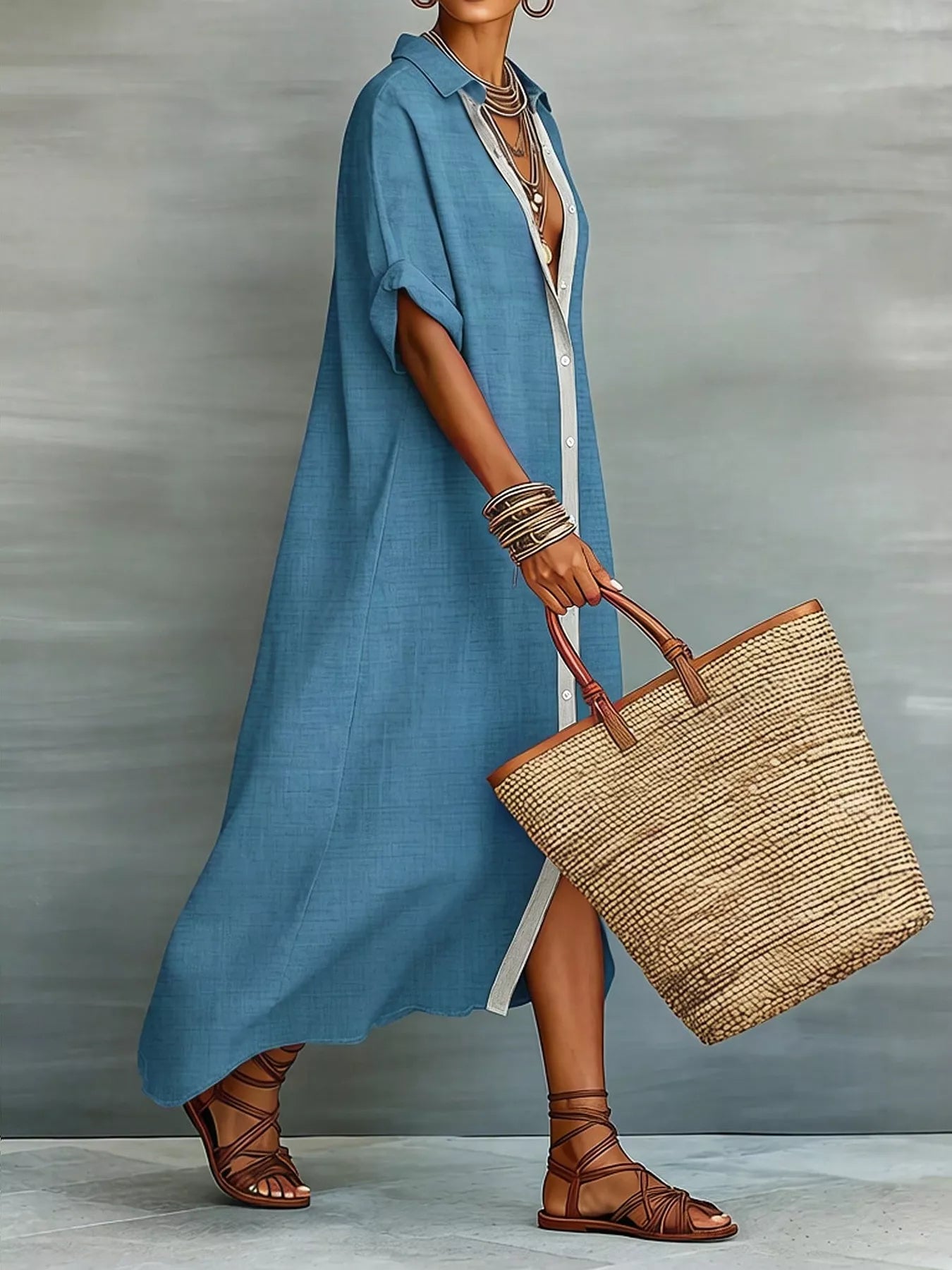 Casual Linen Shirt Dress with Button-Down Front