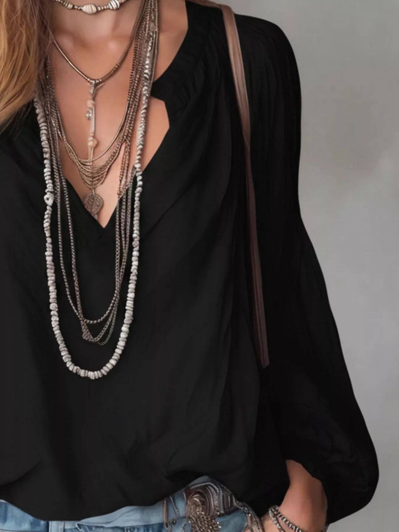 Notched Balloon Sleeve Blouse
