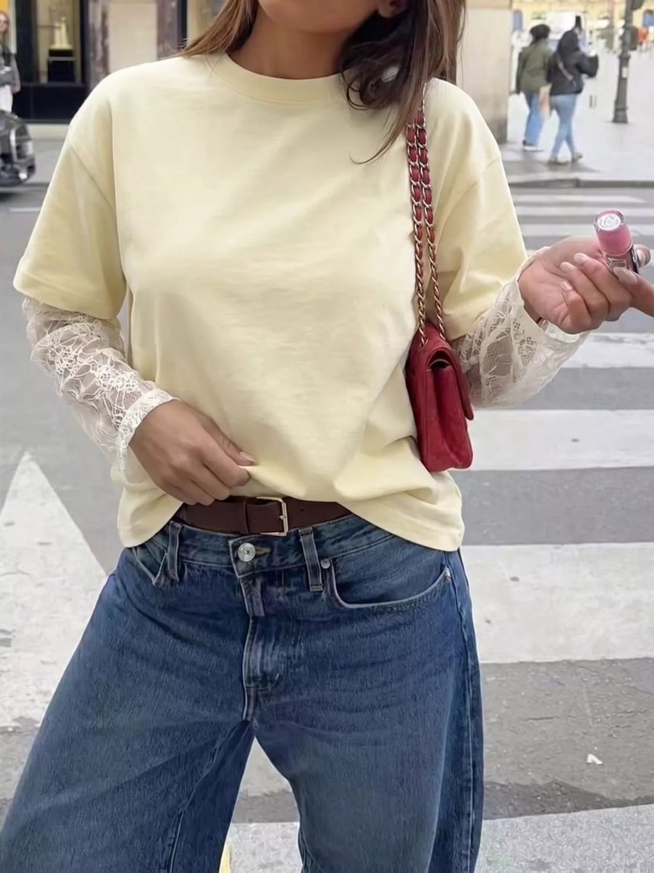 Lace Sleeve Round Neck T-Shirt