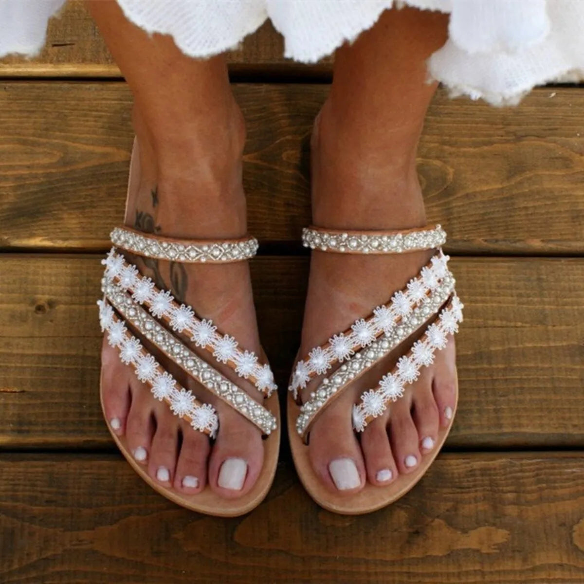 Rhinestone Flower Flat Sandals