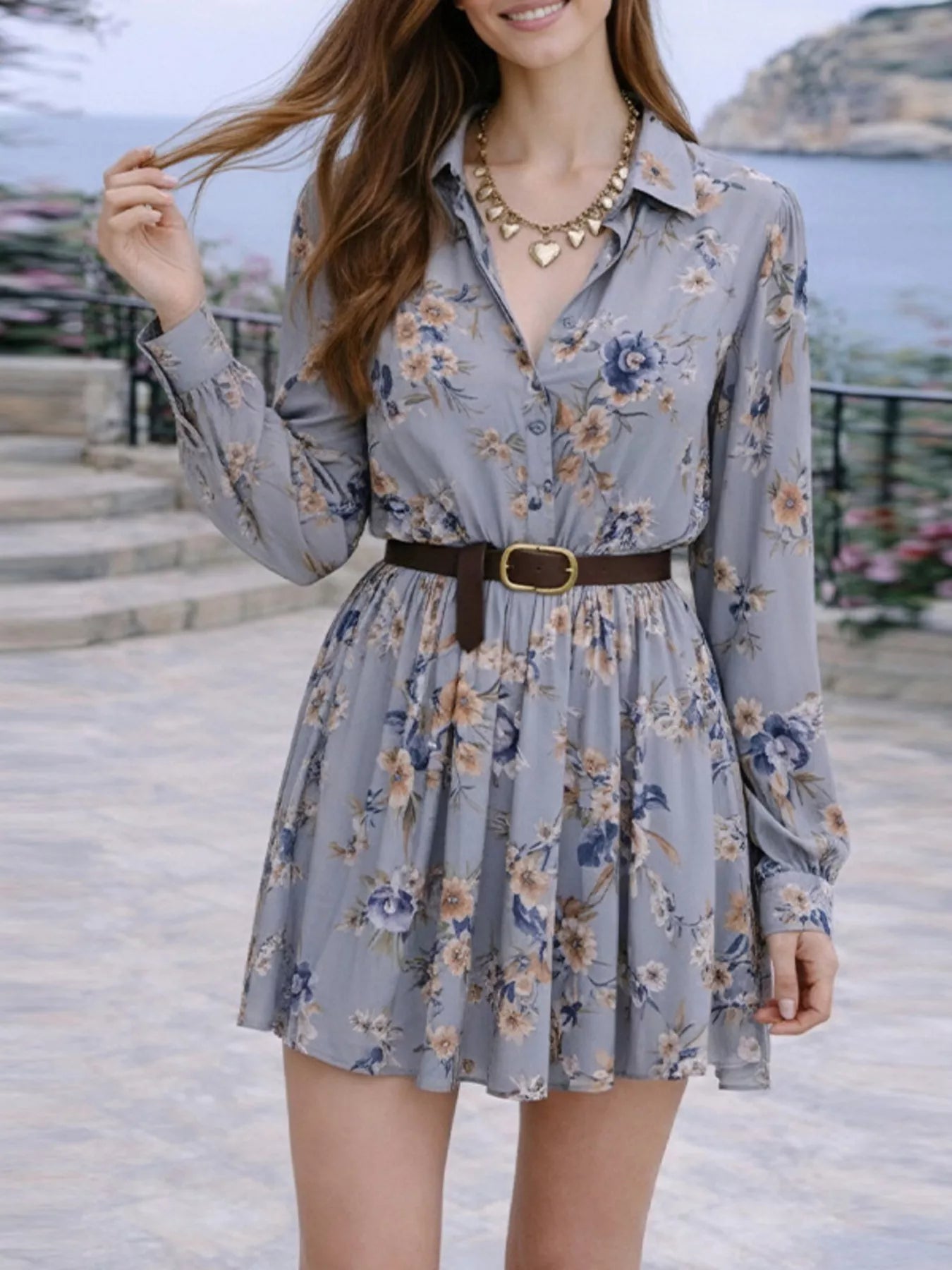 Full Size Floral Print Long Sleeve Shirt Dress Plus Size
