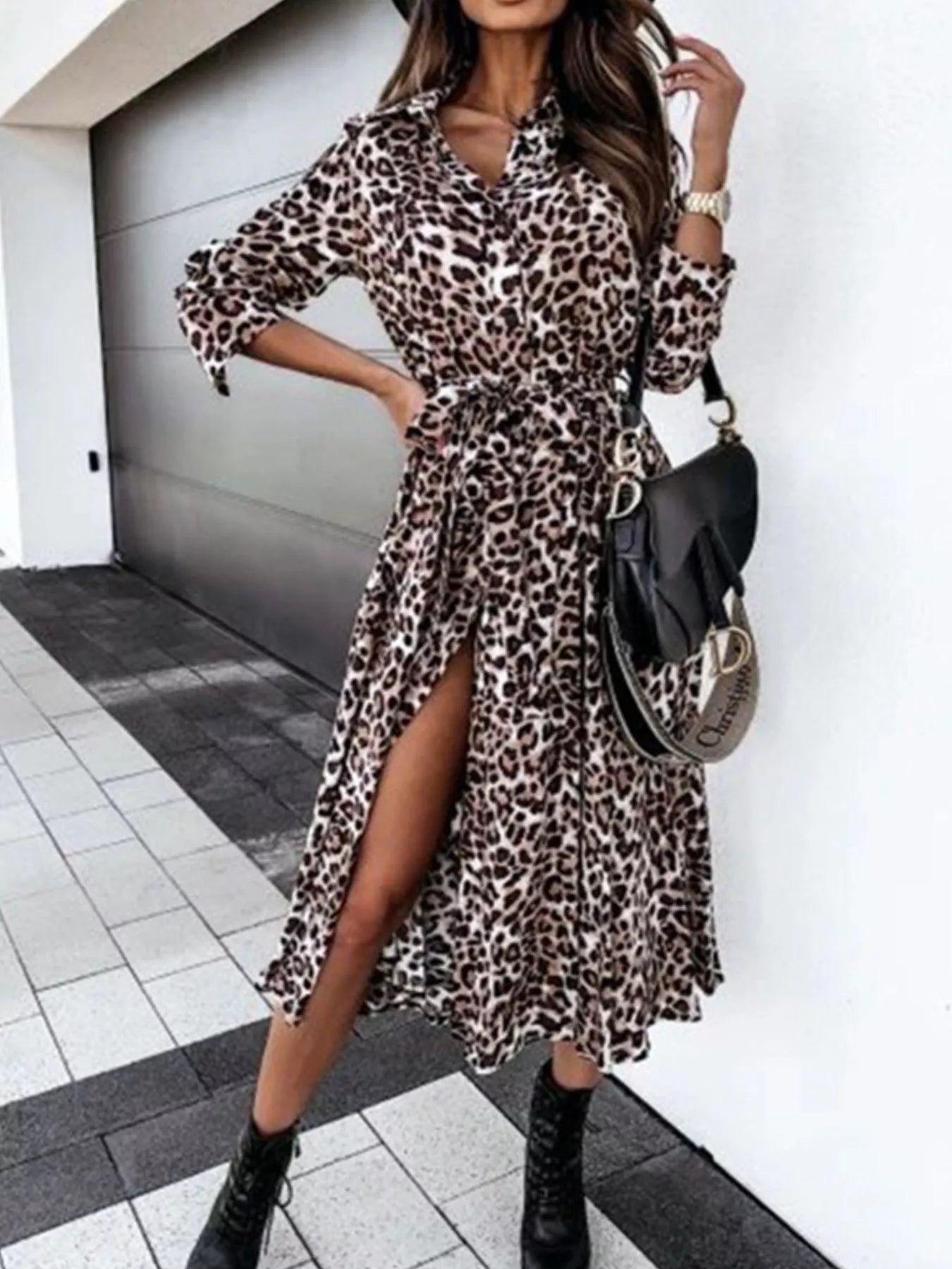 Leopard Print Button-Down Midi Dress with Belt