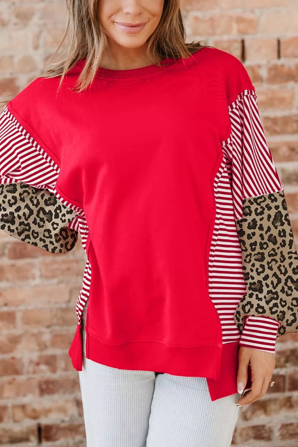 Leopard and Striped Patchwork Sleeves Sweatshirt