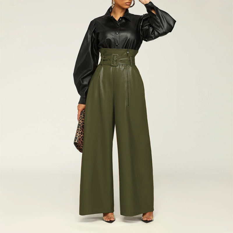 Women's Fashion High-Waisted PU Wide-Leg Pants, Solid Color Metal Belt Detail Trousers With Pockets (See size chart where applicable)