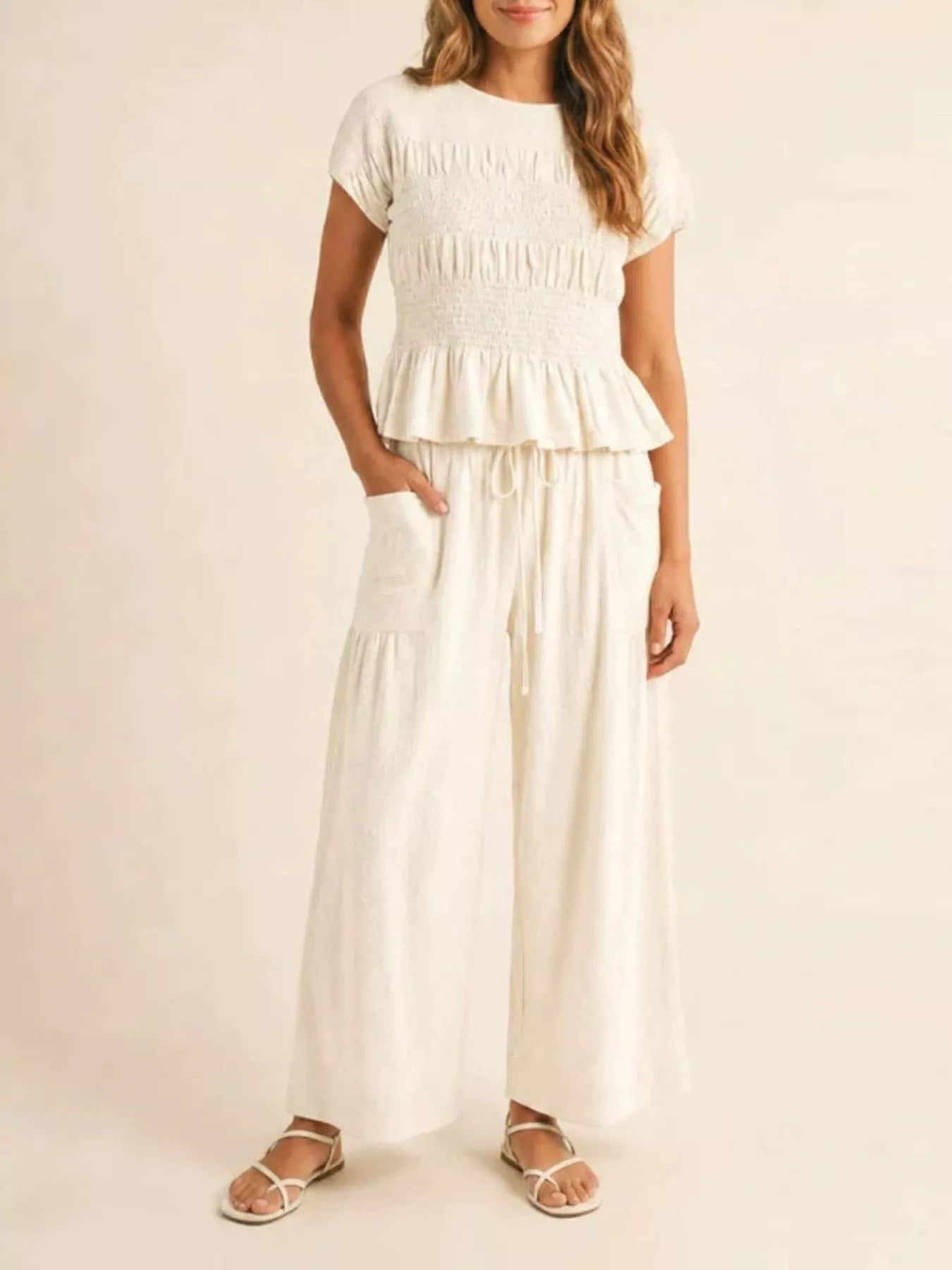 Smocked Peplum Top and Wide-Leg Pants Set
