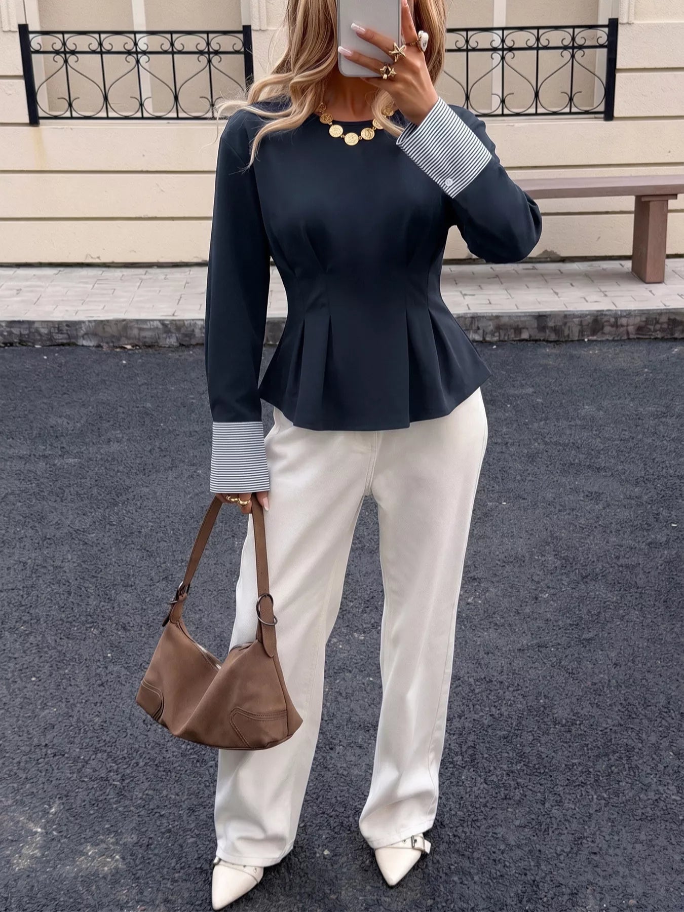 Round Neck Peplum Top with Striped Cuffs