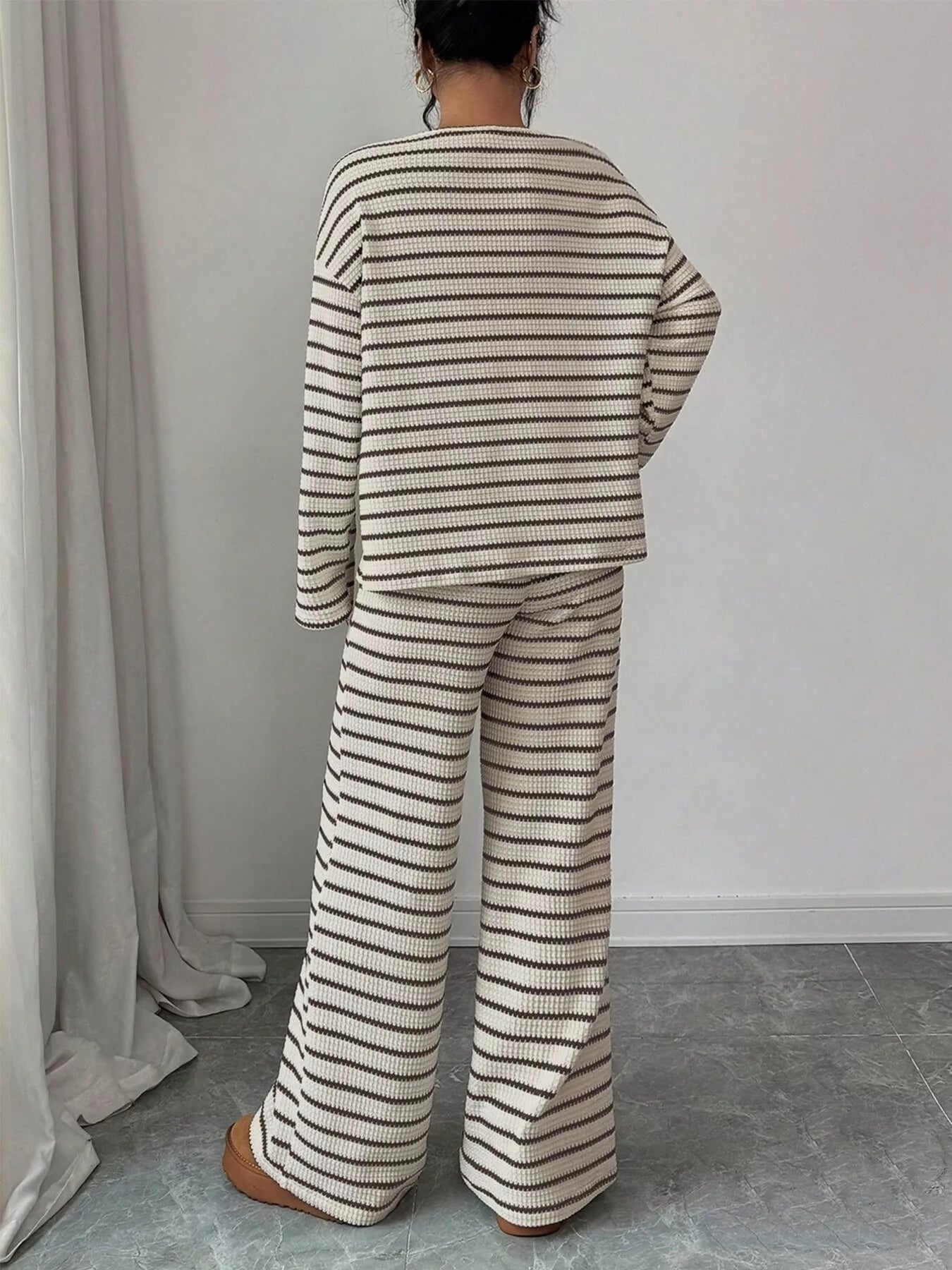 Striped Knit Dropped Shoulder Top and Pants Set