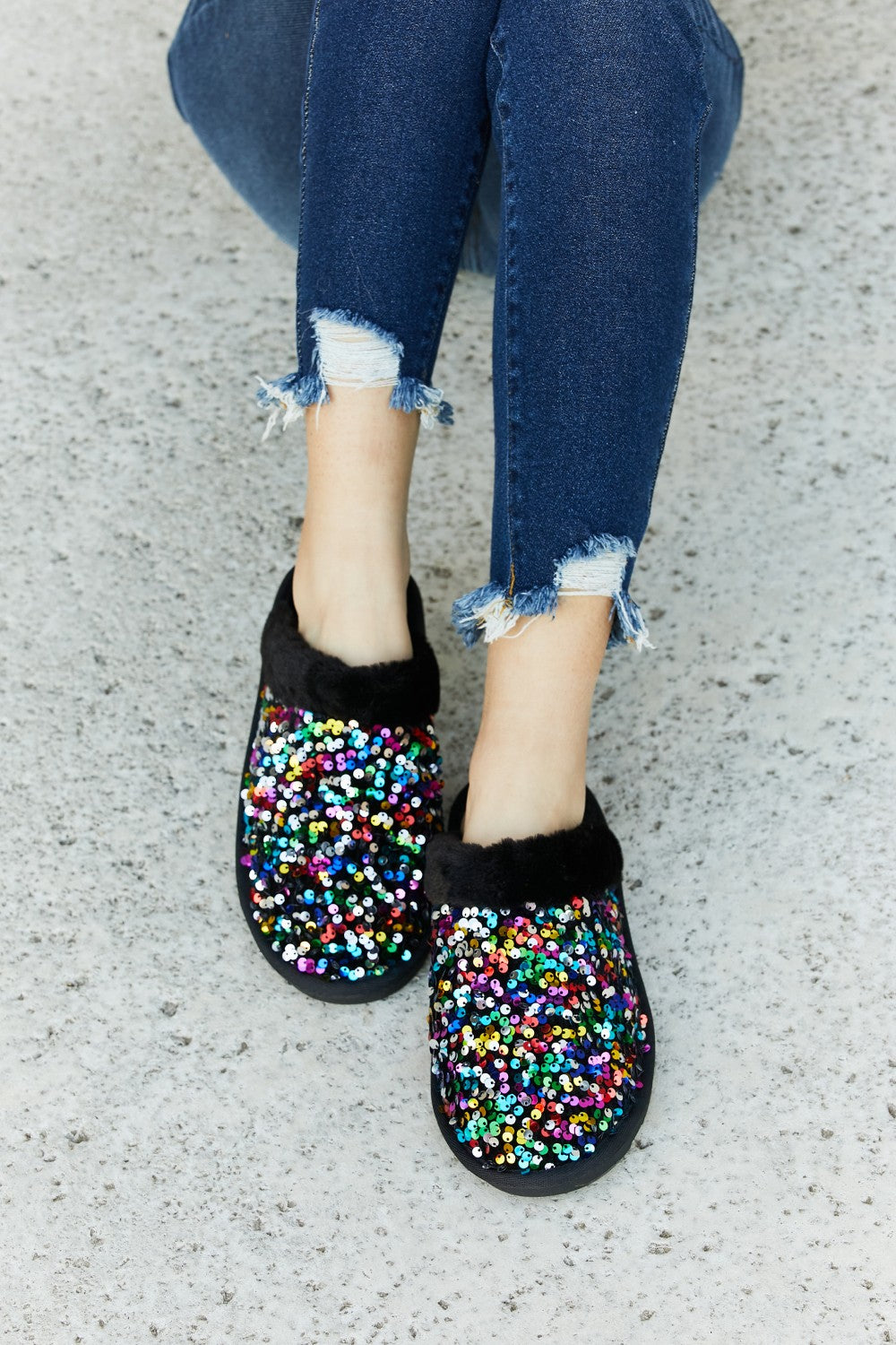 Forever Link Multicolored Sequin Faux Fur Slipper